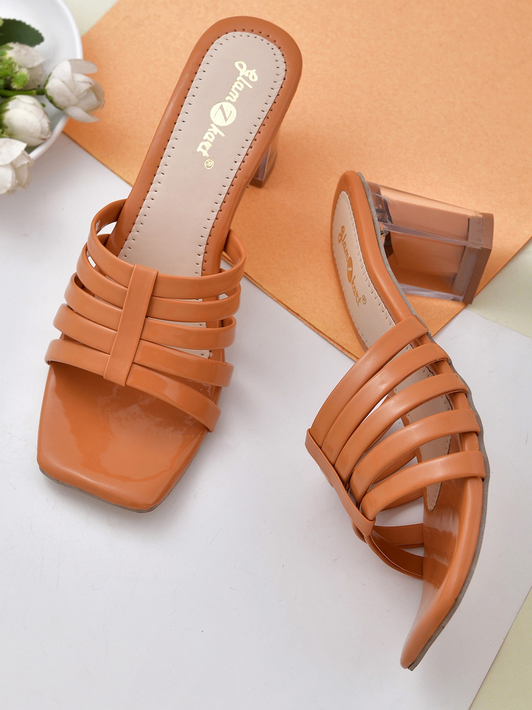 

GLAMZKART Strappy Open Toe Block Heels, Orange