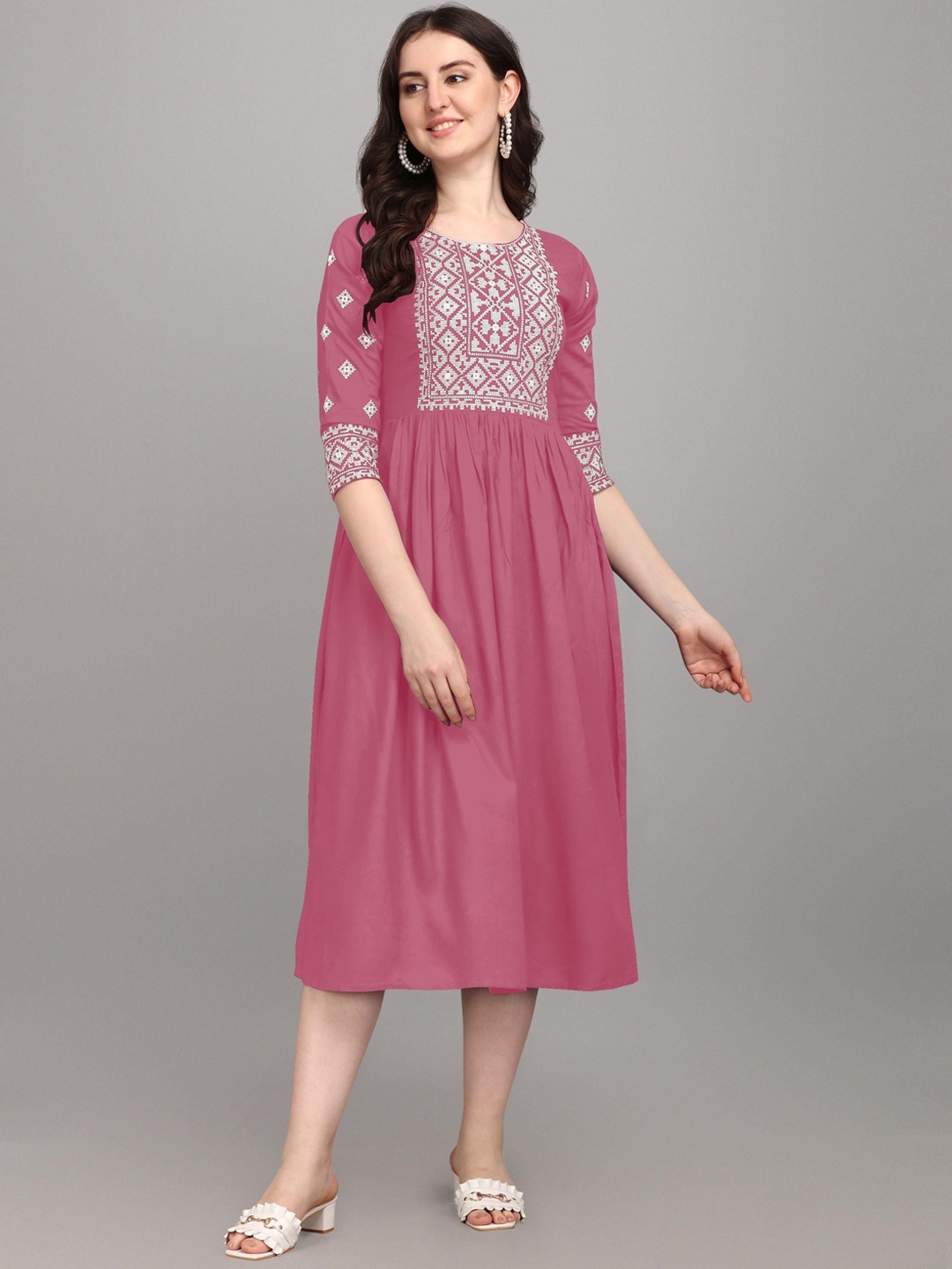 

FabFairy Ethnic Motifs Embroidered Yoke Design Anarkali Ethnic Dress, Pink