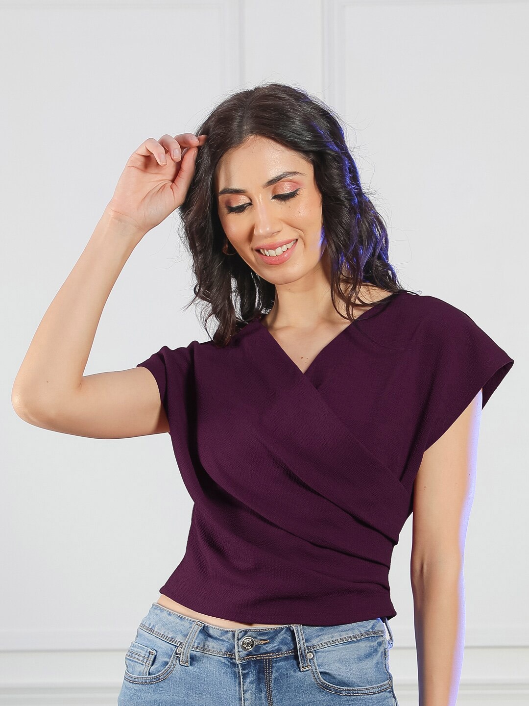 

NEUDIS V-Neck Extended Sleeves Wrap Top, Burgundy