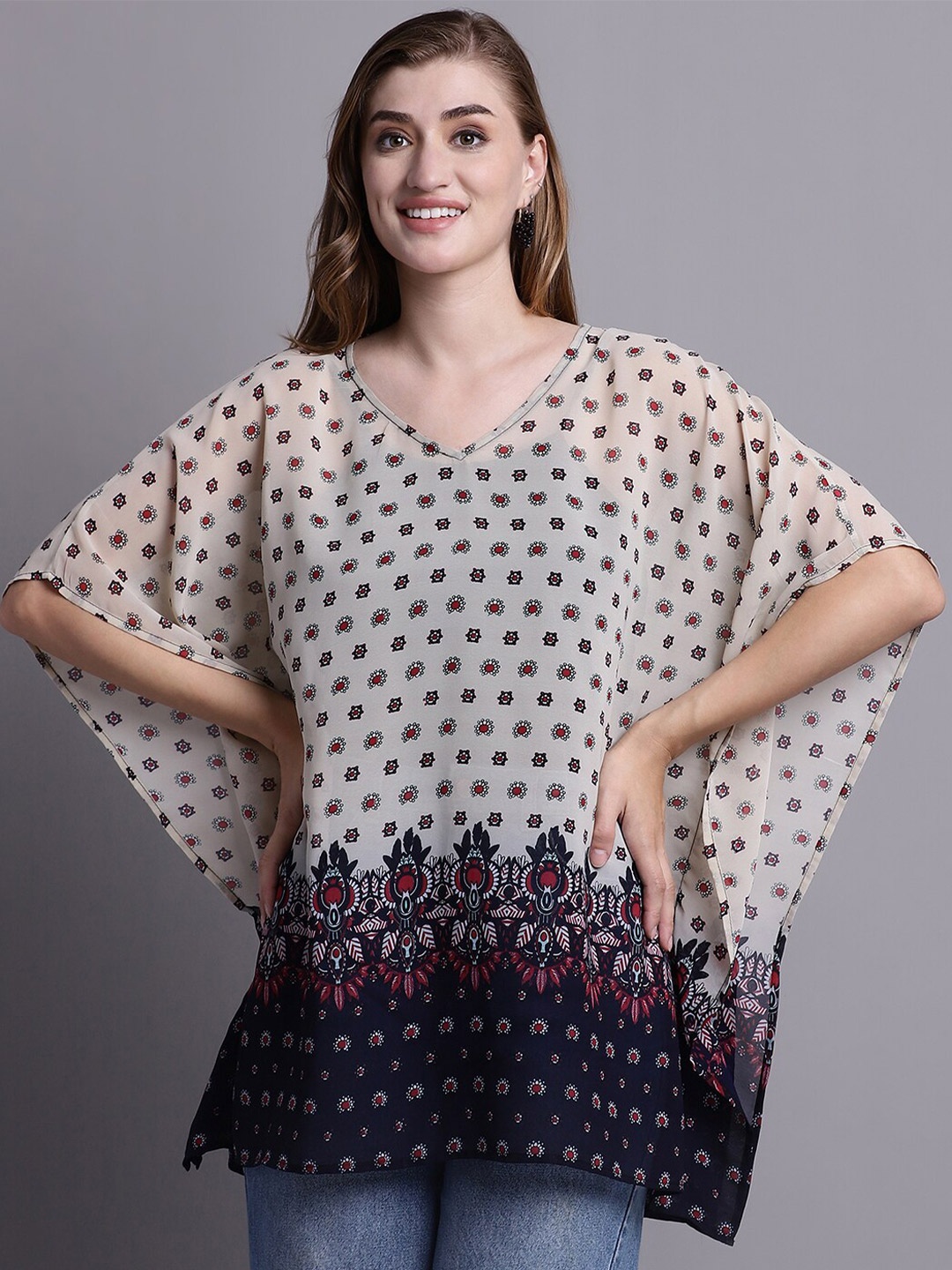 

Rute Conversational Printed Kimono Sleeve Kaftan Top, Beige