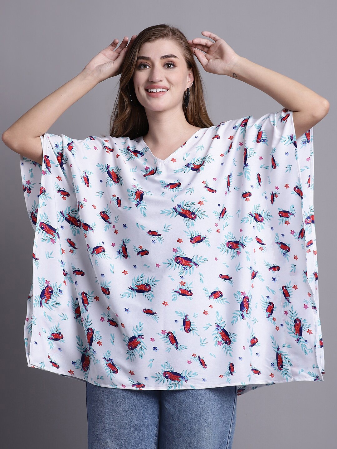 

Rute Conversational Printed Kimono Sleeve Kaftan Top, White