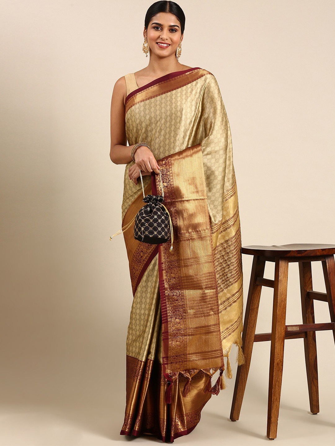 

KALINI Ethnic Motifs Woven Design Zari Silk Cotton Saree, Beige