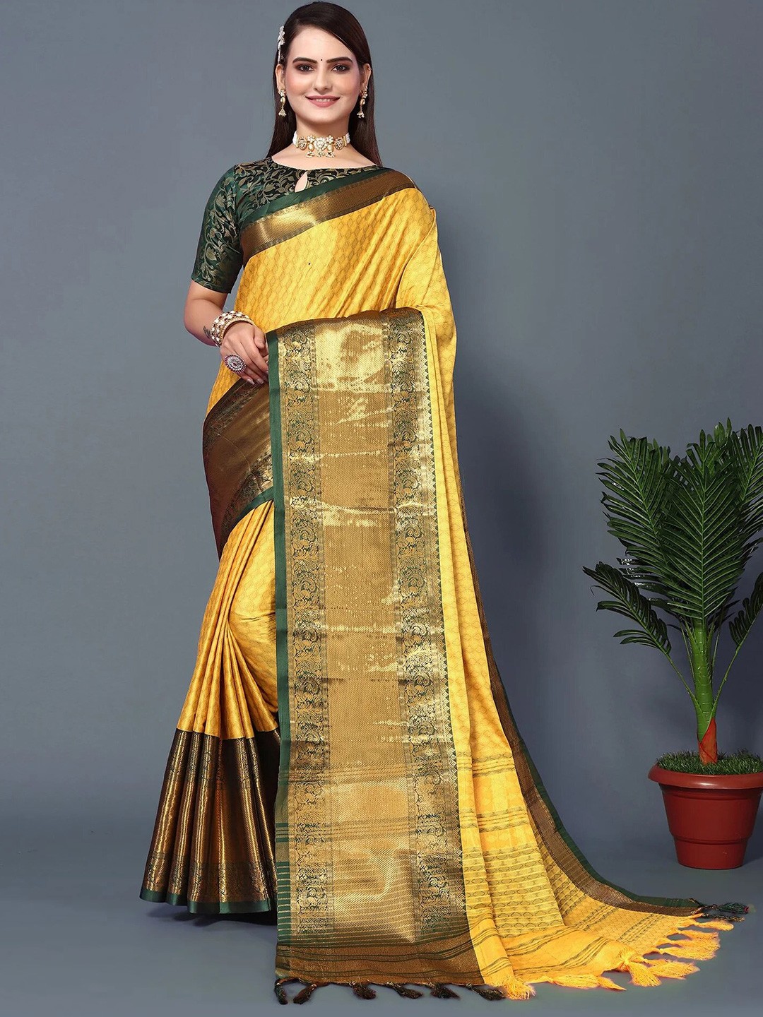 

KALINI Ethnic Motifs Woven Design Zari Silk Cotton Saree, Yellow