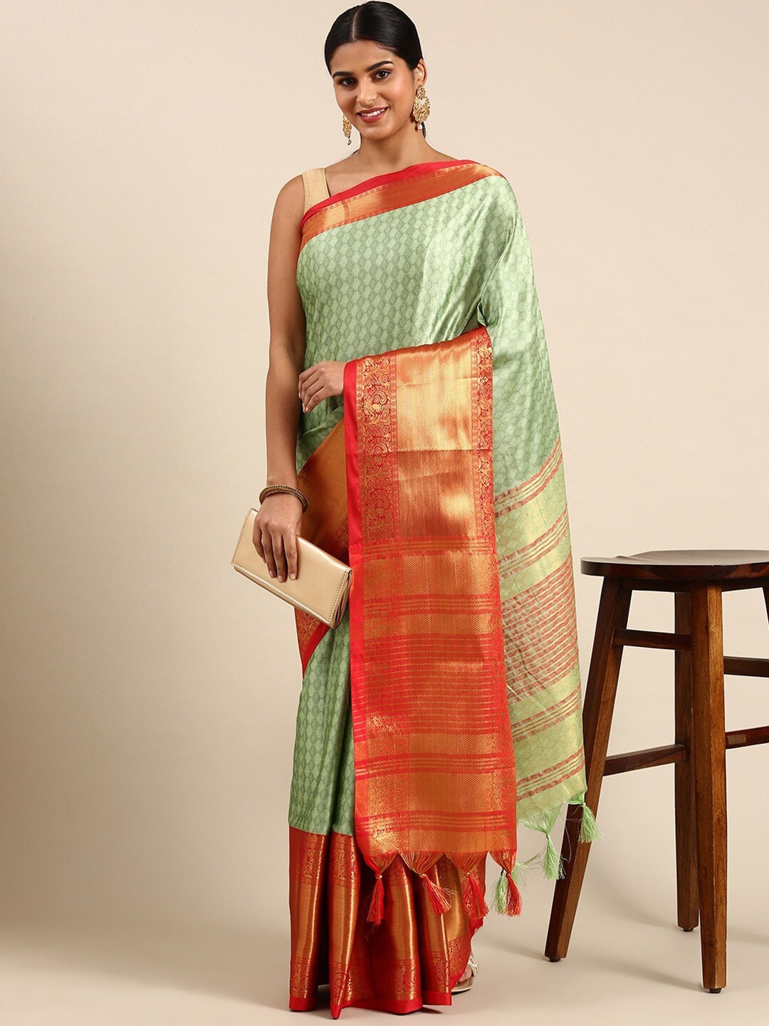 

KALINI Woven Design Zari Silk Cotton Saree, Green