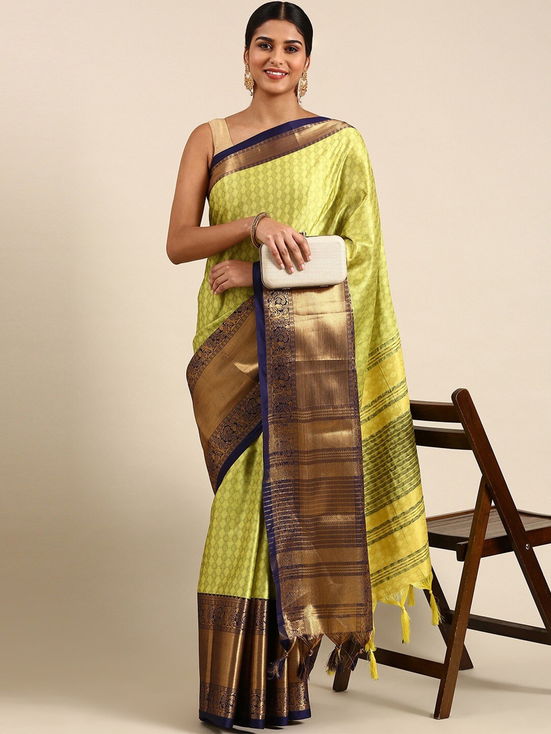 

KALINI Woven Design Zari Detailed Silk Cotton Saree, Lime green