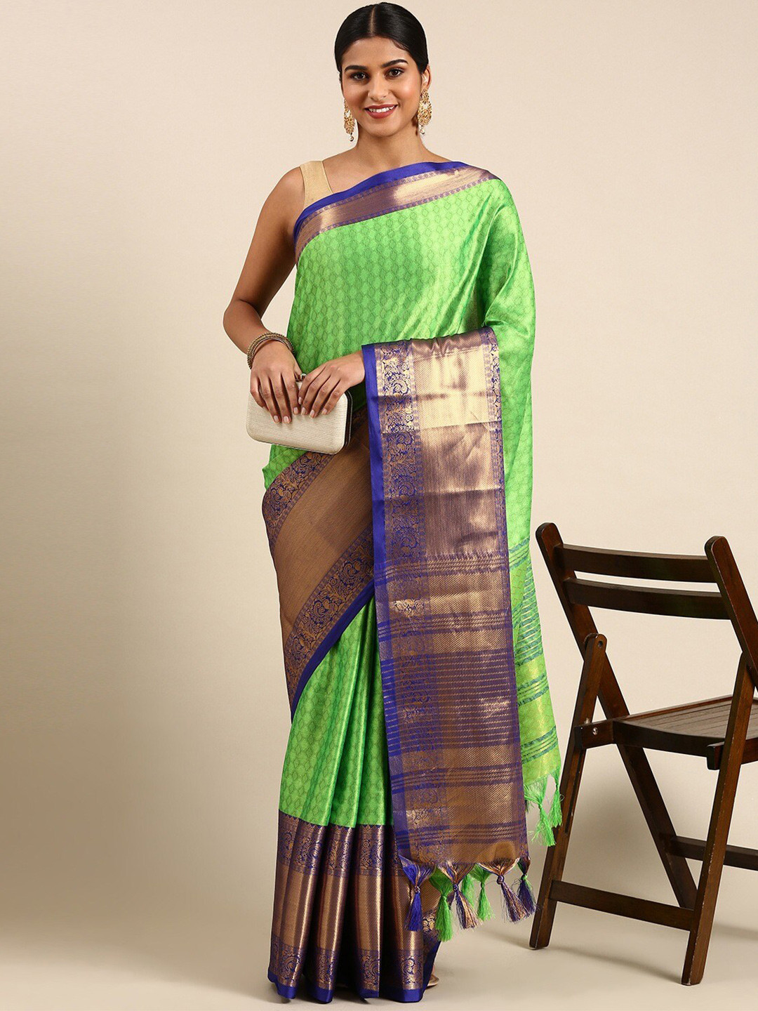 

KALINI Woven Design Zari Silk Cotton Saree, Fluorescent green