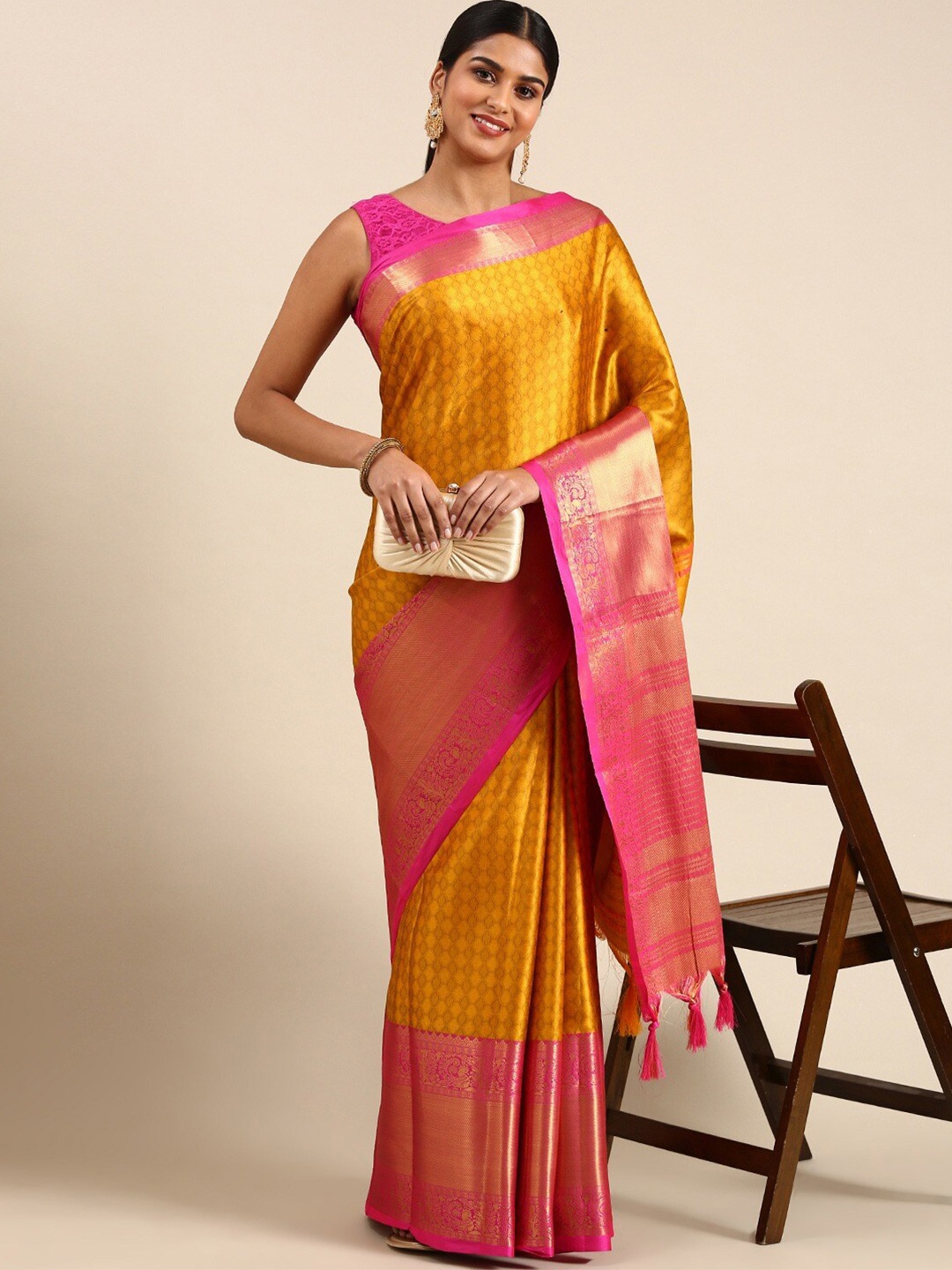 

KALINI Ethnic Motifs Woven Design Zari Silk Cotton Saree, Yellow