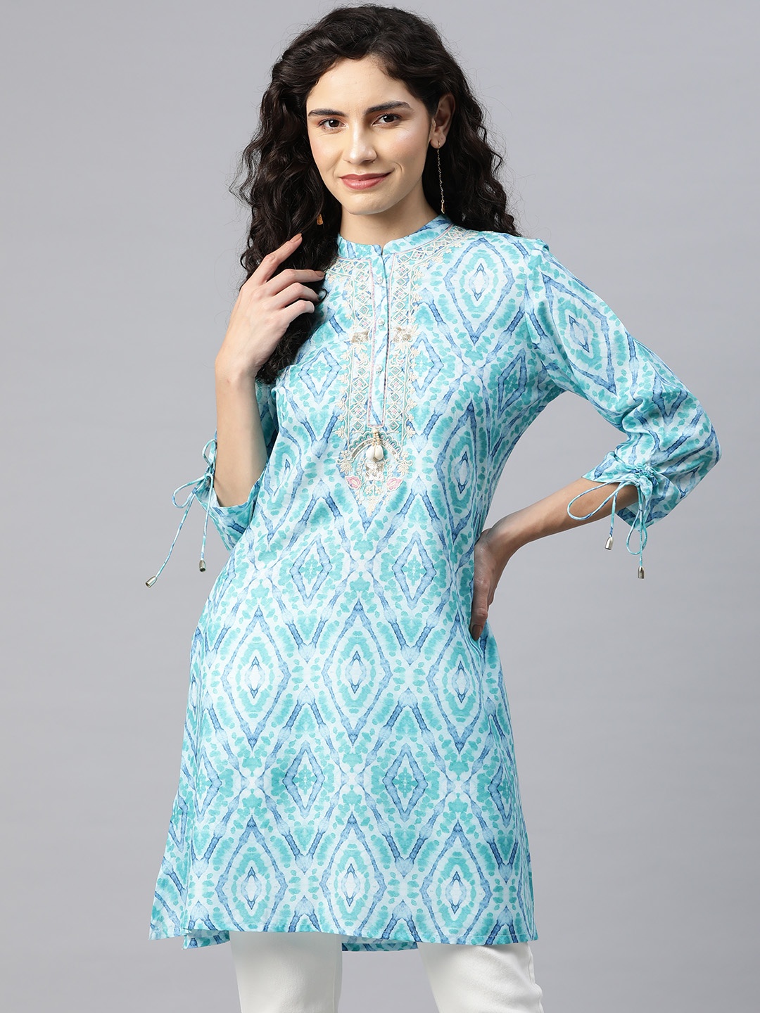 

Nayam By Lakshita Modal Mandarin Collar Printed Tunic, Turquoise blue