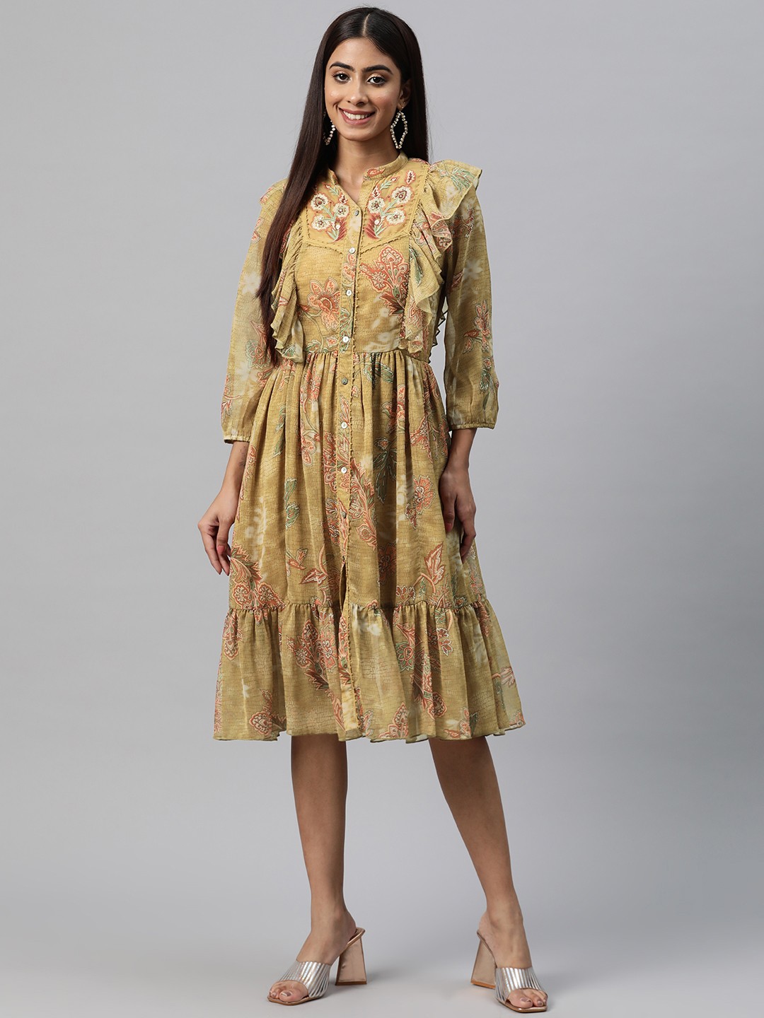 

Nayam By Lakshita Floral Print Puff Sleeve Chiffon Fit & Flare Midi Dress, Beige