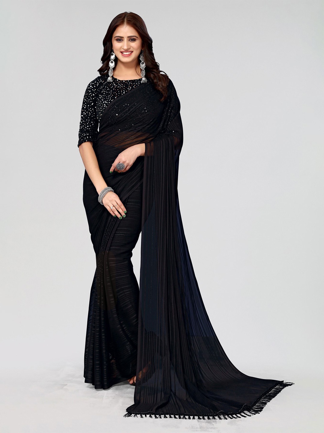 

KALINI Black Striped Sequinned Poly Georgette Saree