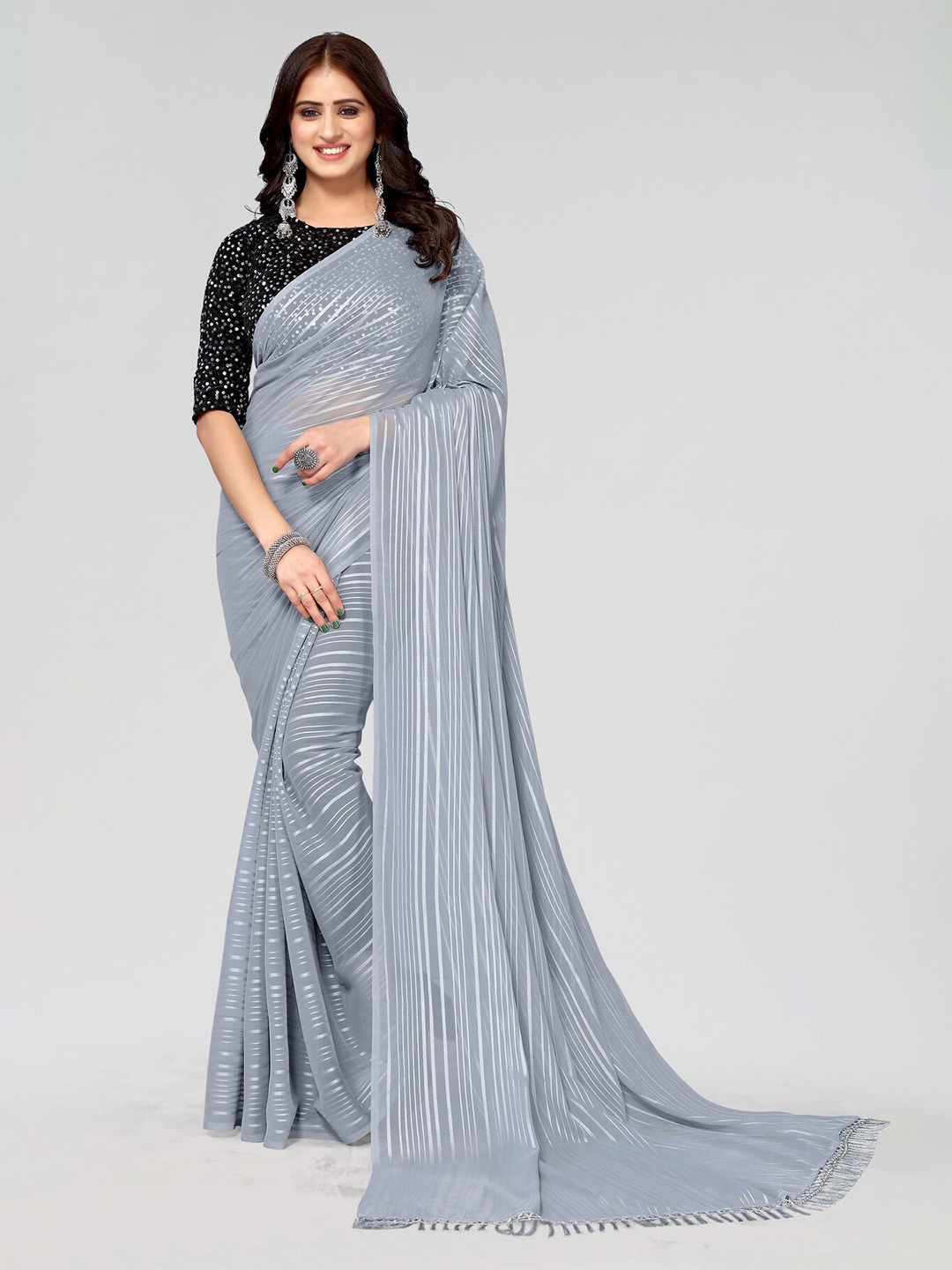 

KALINI Striped Sequinned Poly Georgette Saree, Grey