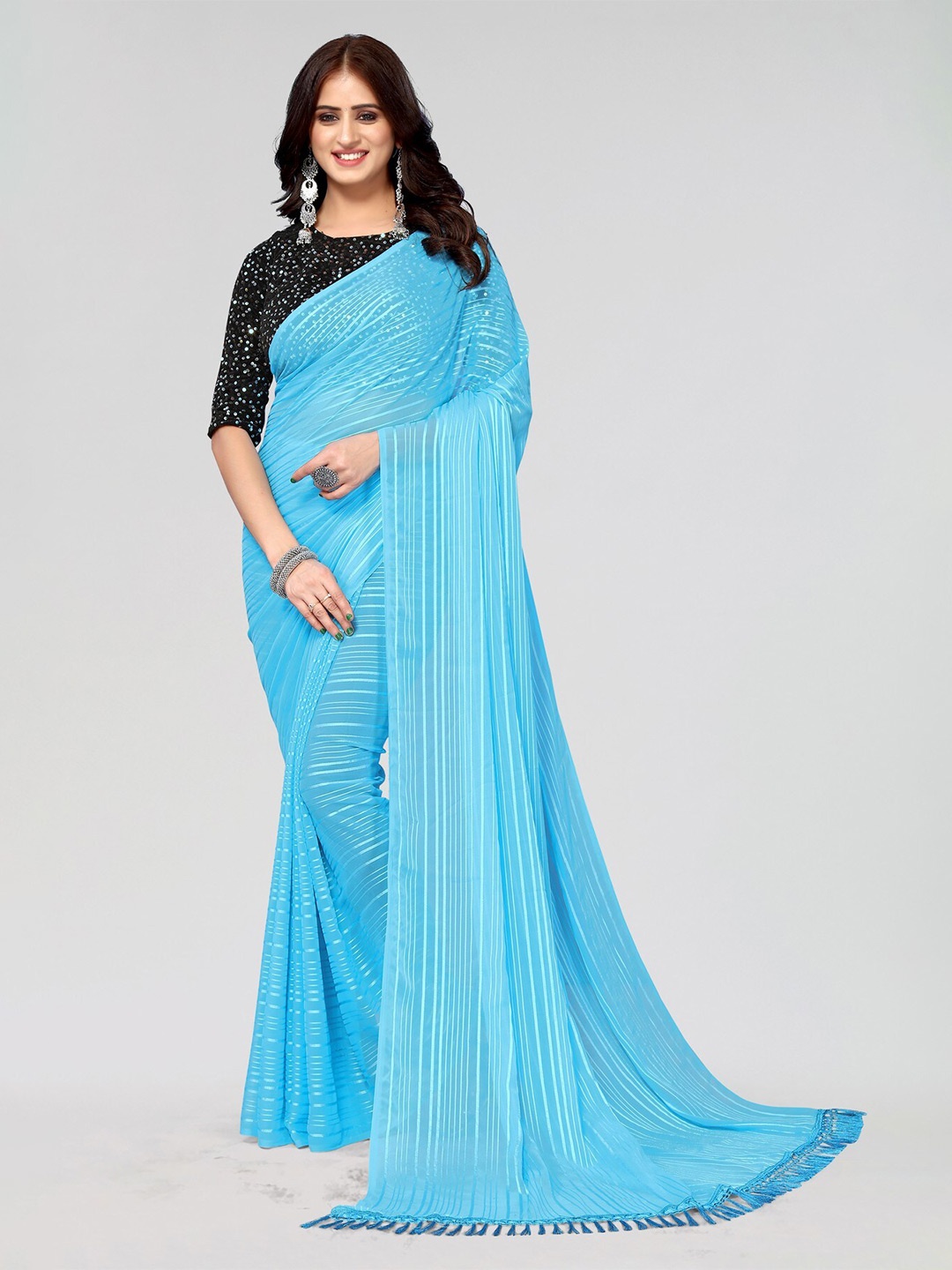 

KALINI Striped Sequinned Poly Georgette Saree, Blue