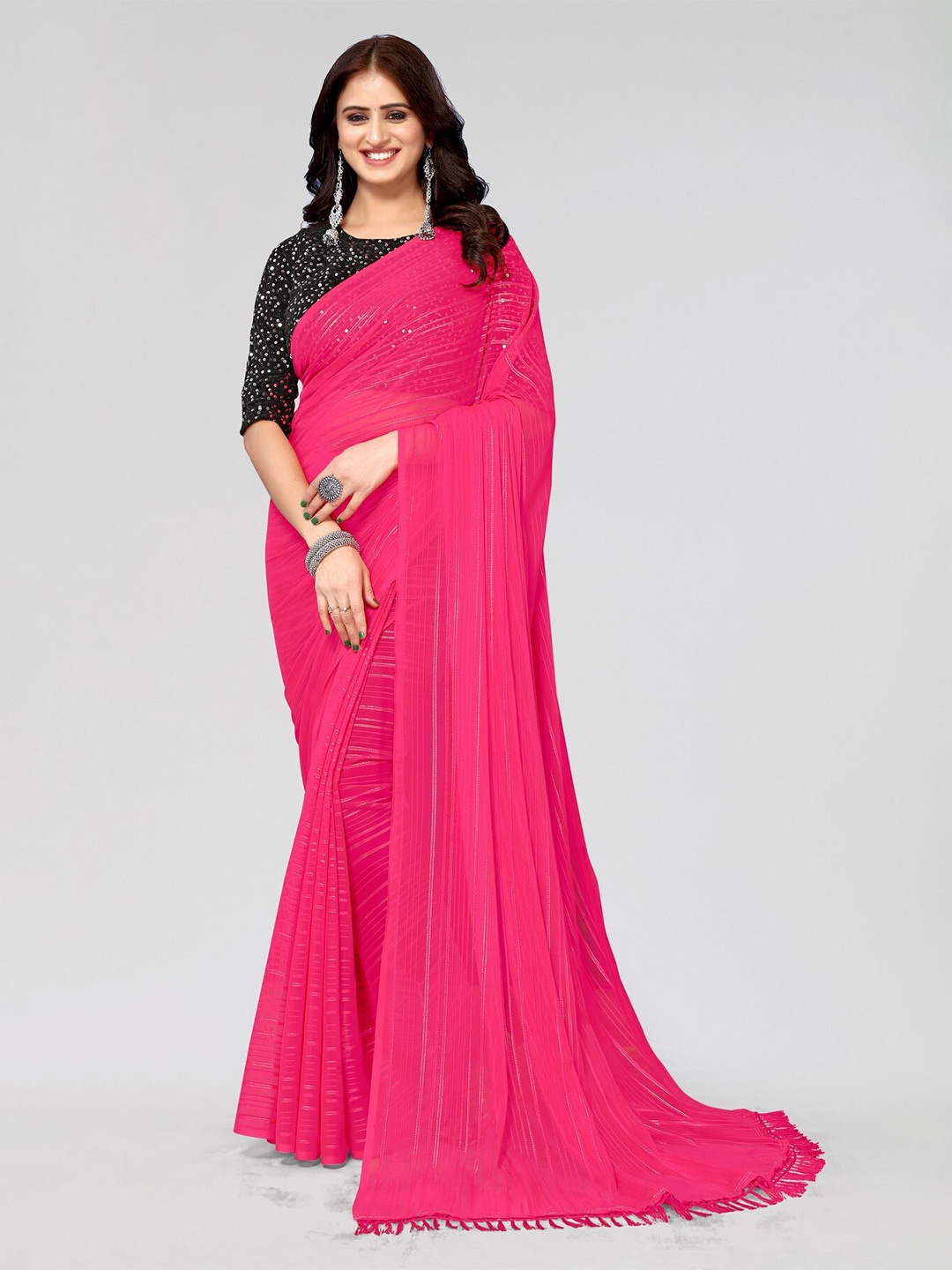 

KALINI Striped Sequinned Poly Georgette Saree, Pink
