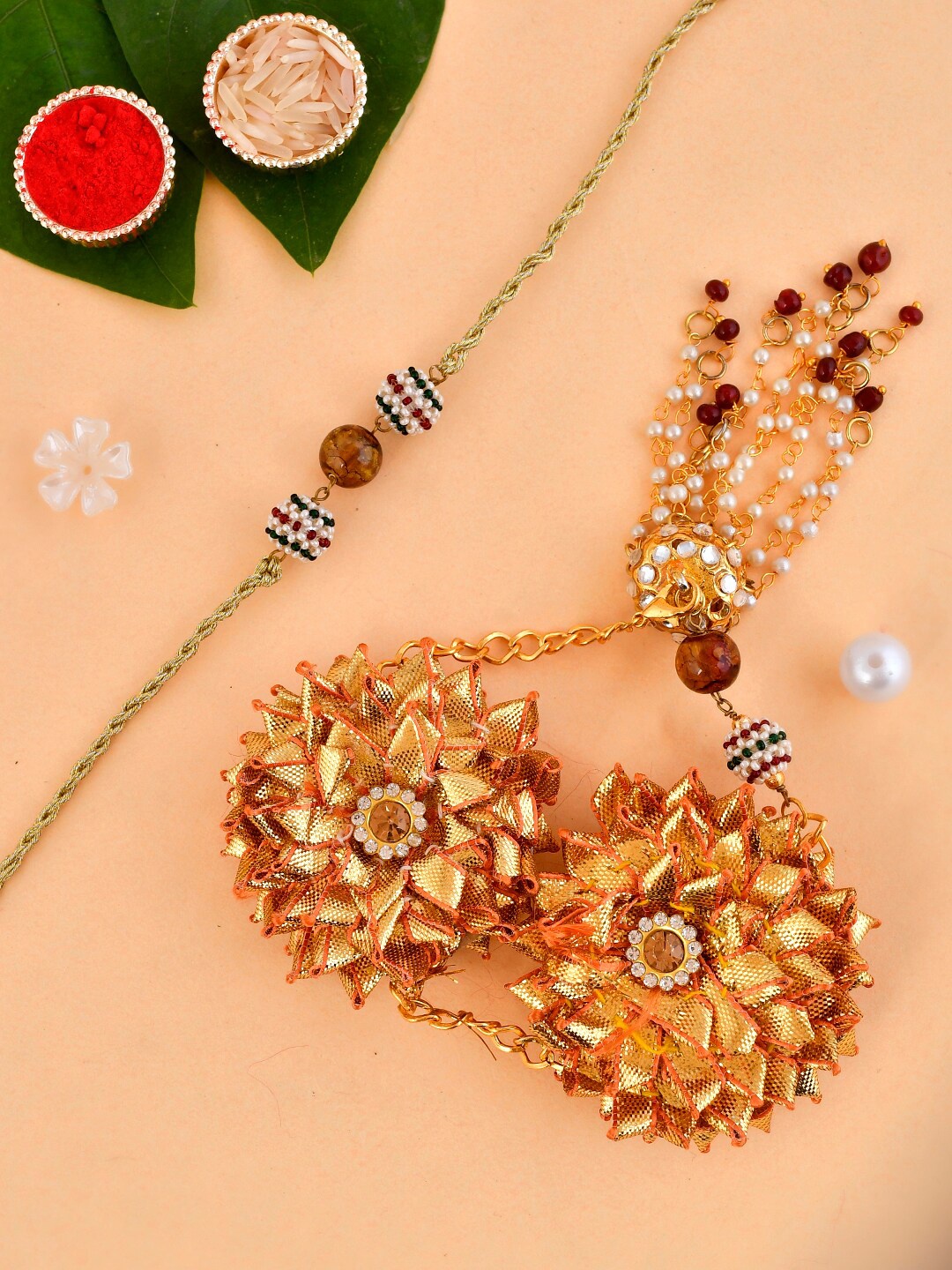

Aapno Rajasthan Unisex Gota Patti Embellished Beaded Bhaiya Bhabhi Rakhi Set, Gold