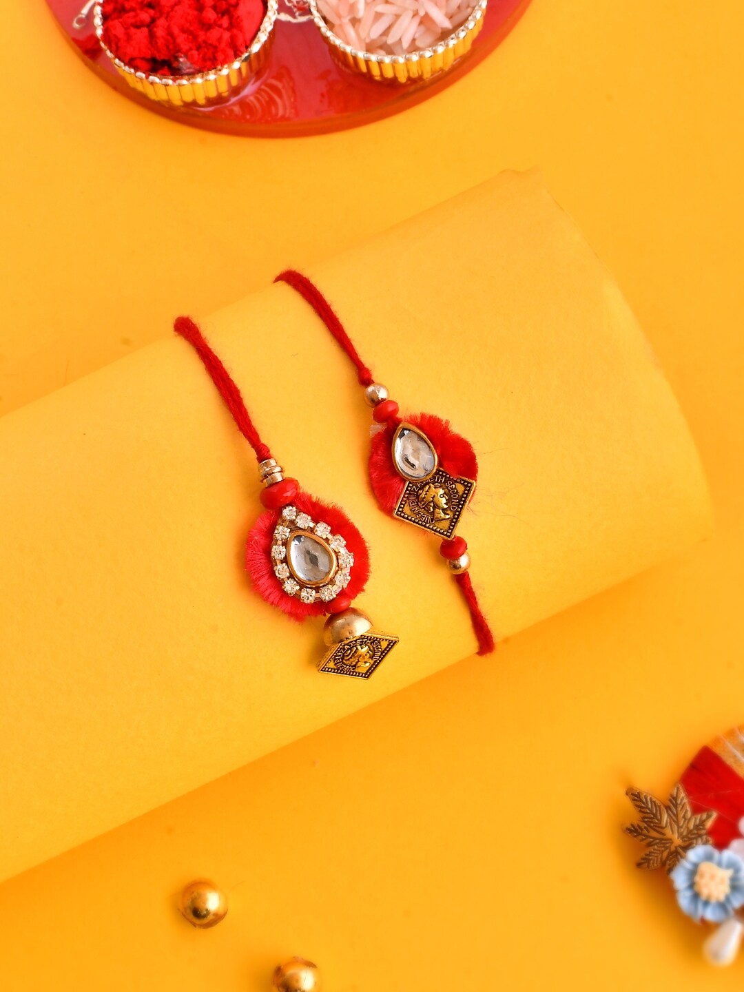 

Aapno Rajasthan Kundan Embellished Resham Bhaiya Bhabhi Rakhi Gift Set, Red