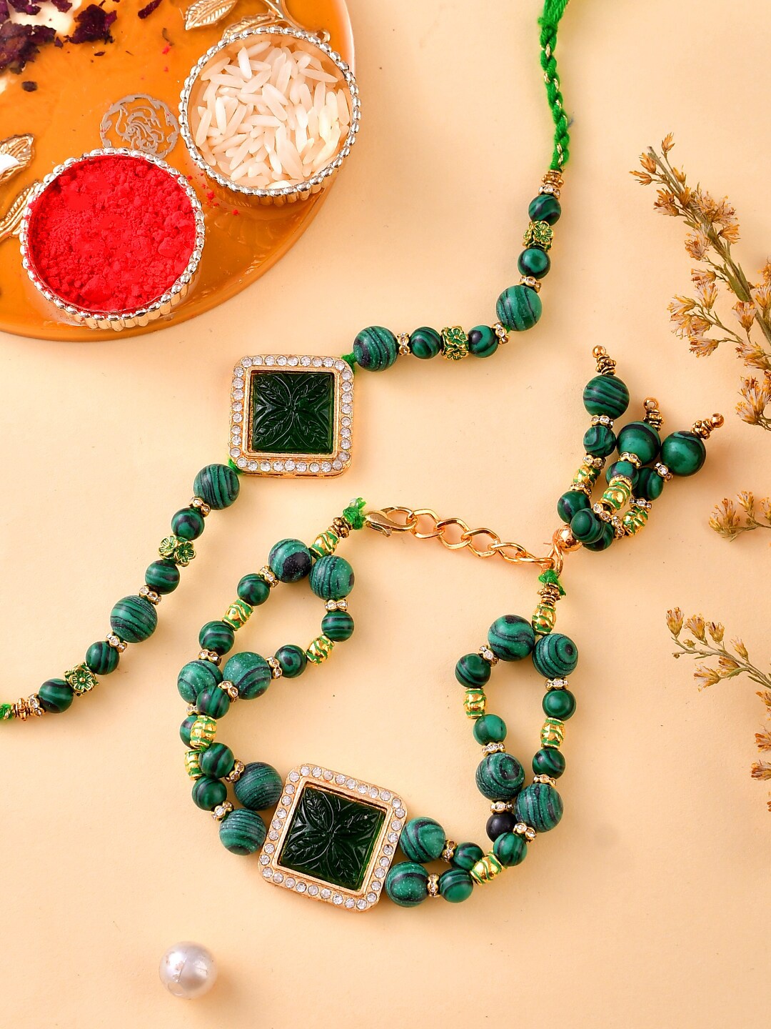 

Aapno Rajasthan Unisex Set Of 2 Kundan Studded & Beaded Rakhi Gift Set, Green