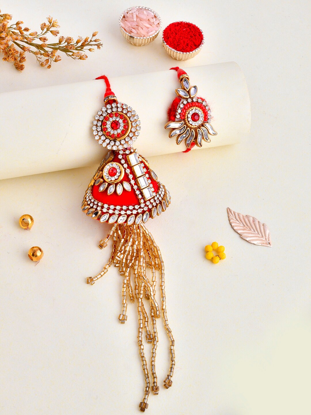 

Aapno Rajasthan Unisex Set Of 2 Kundan & Stone Studded Scarlet Bhaiya Bhabhi Rakhi Set, Red
