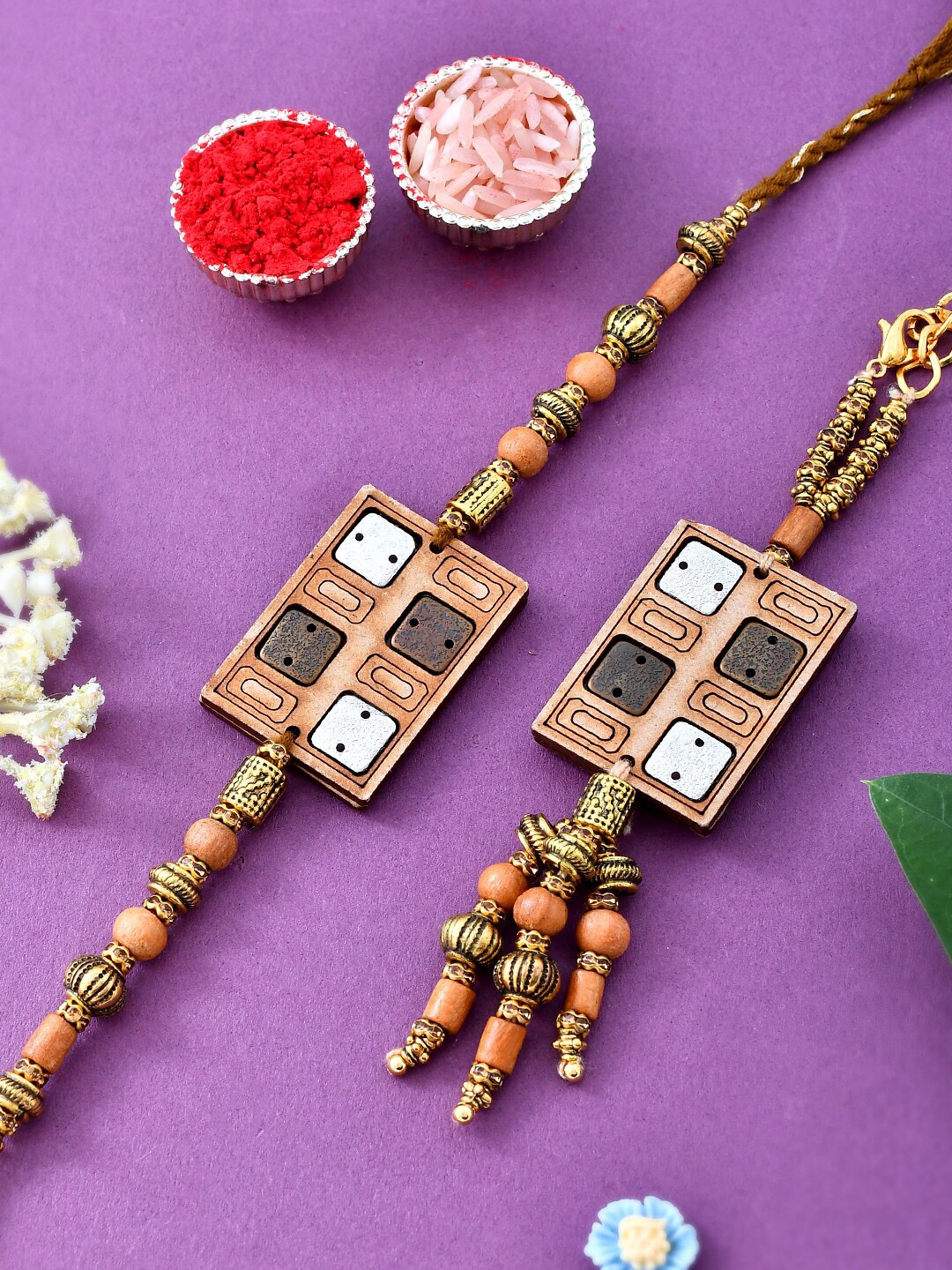 

Aapno Rajasthan Unisex Set Of 2 Wooden Styled With Beads Bhaiya Bhabhi Rakhi Set., Gold