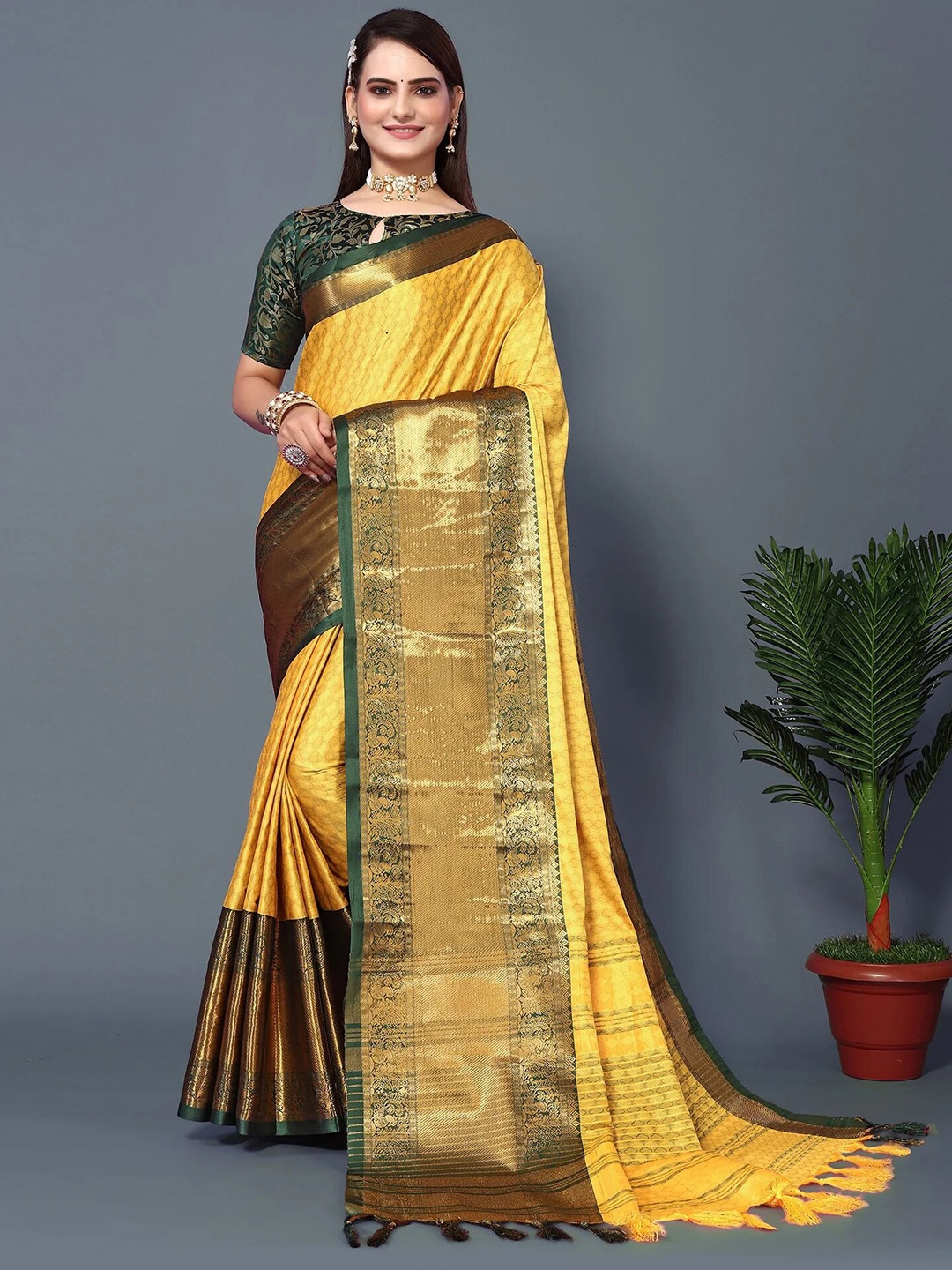 

VILLAGIUS Ethnic Motifs Woven Design Zari Silk Cotton Saree, Yellow