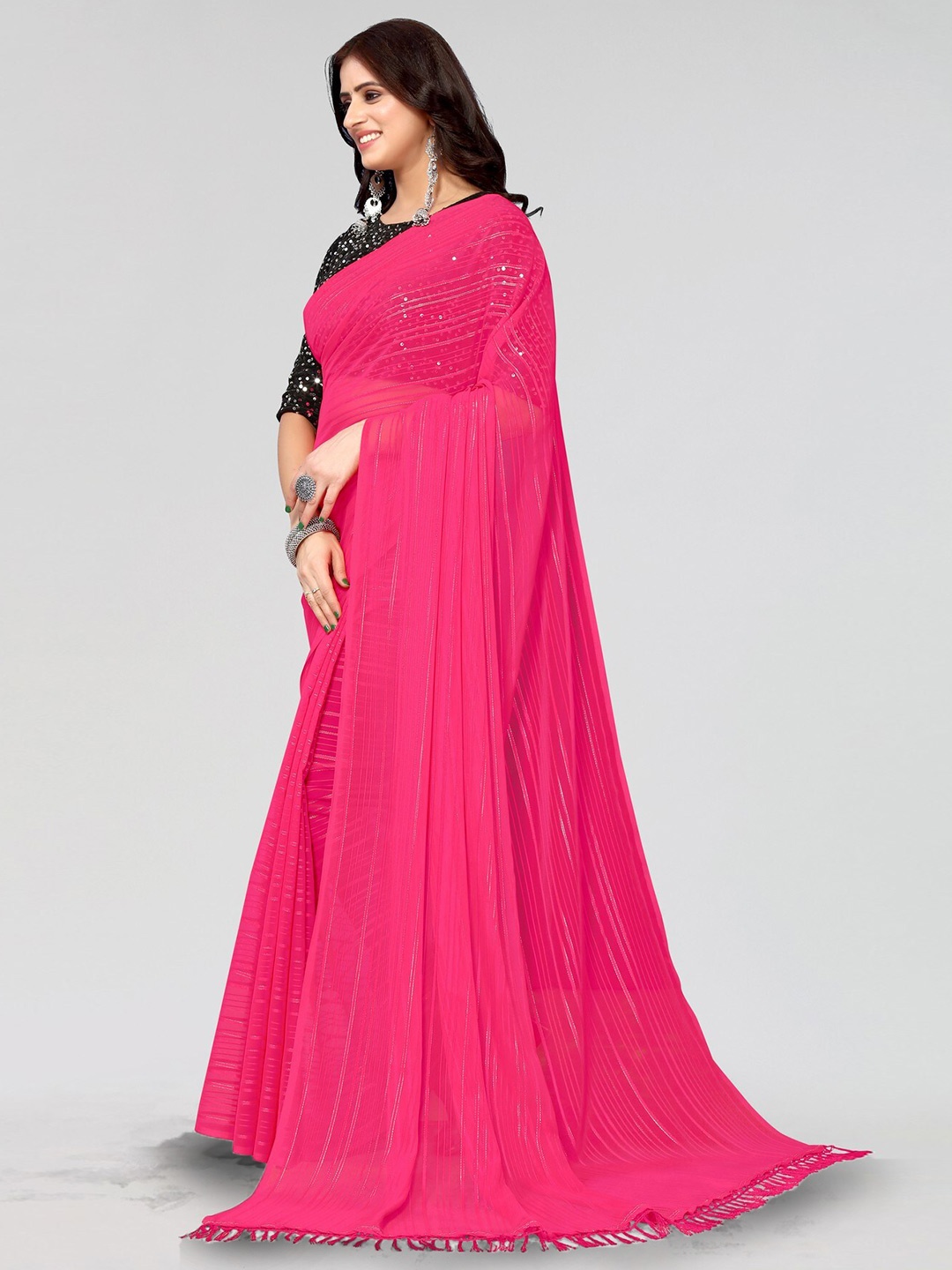 

KALINI Striped Woven Design Saree, Pink