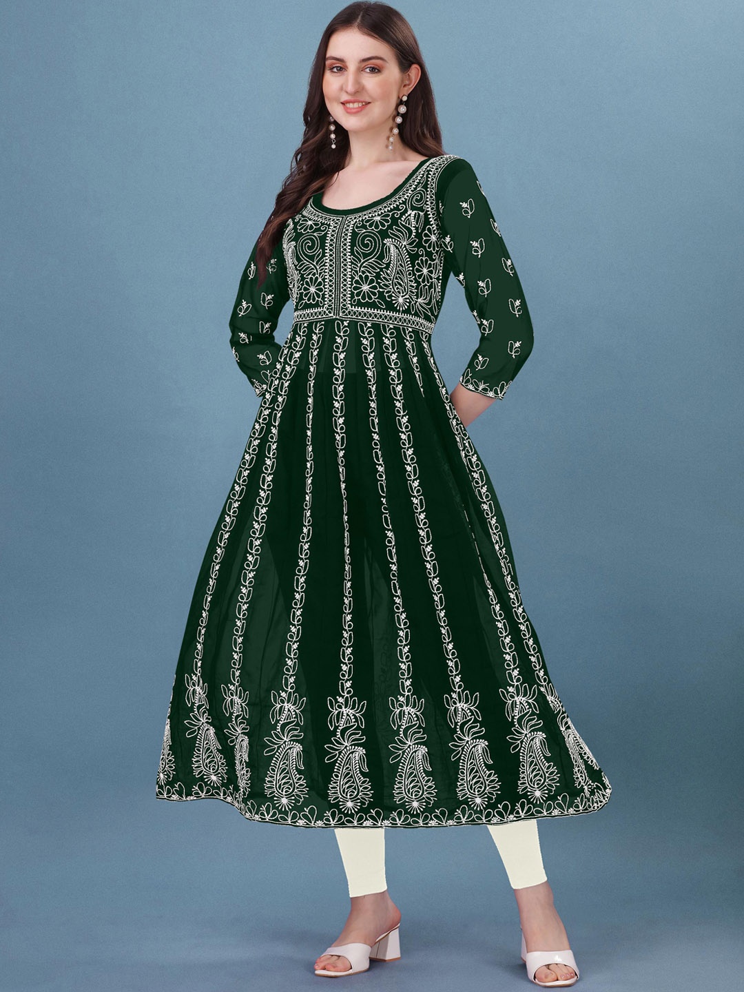 

FabFairy Ethnic Motifs Thread Work Georgette Anarkali Kurta, Green