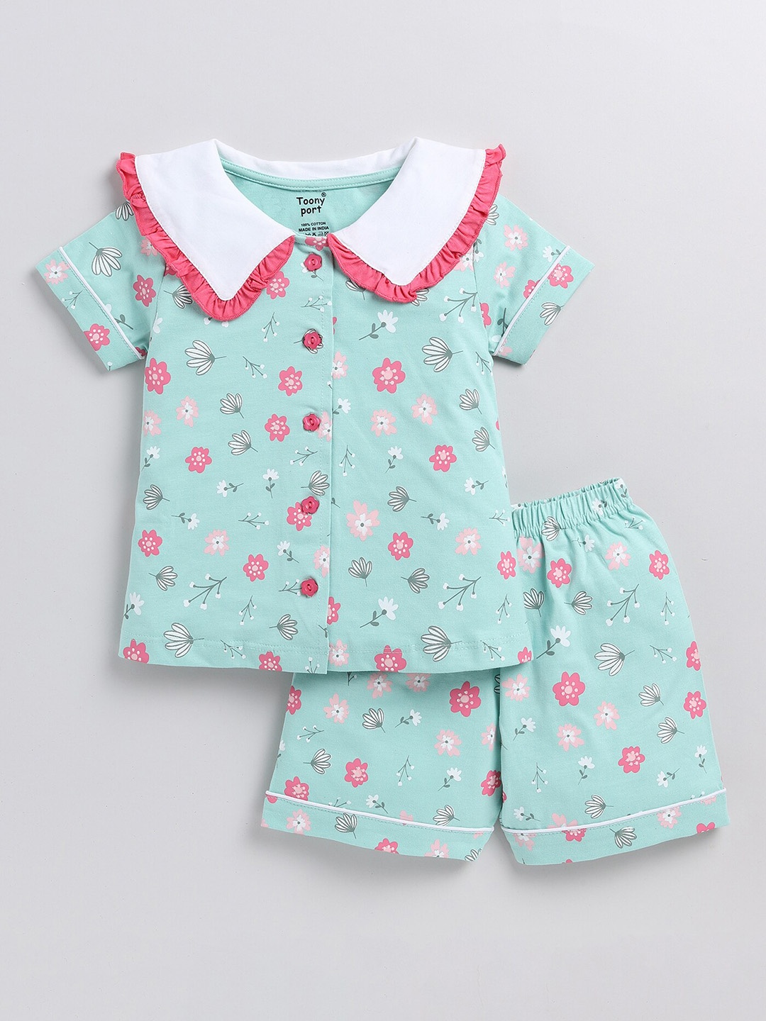 

Toonyport Girls Floral Printed Shirt Collar Cotton Night suit, Green
