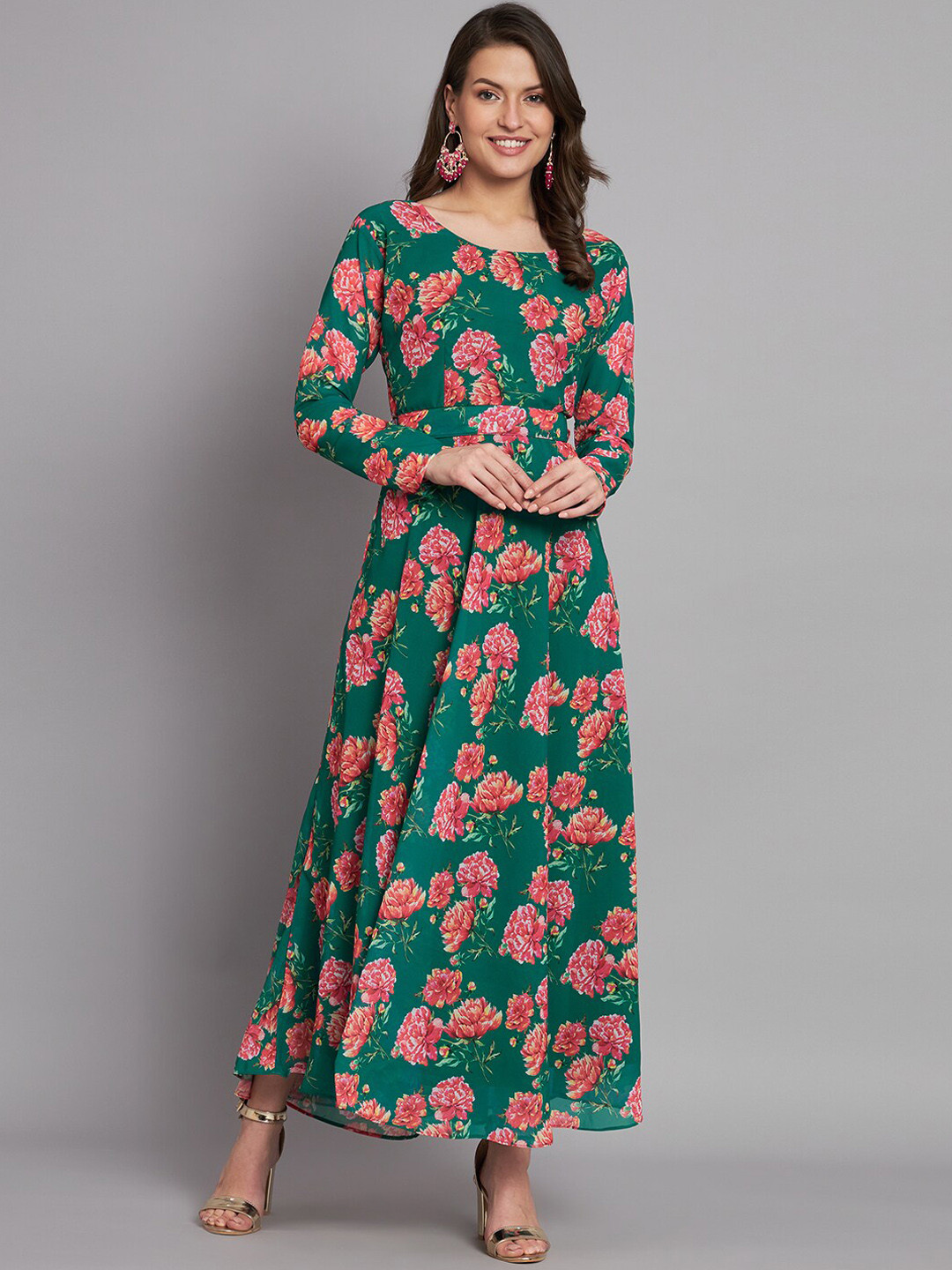

KALINI Floral Printed Fit & Flared Georgette Maxi Ethnic Dresses With Matching Belt, Green