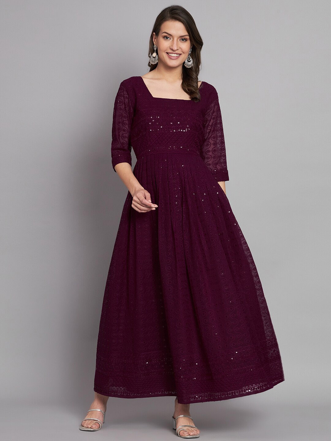 

KALINI Ethnic Motifs Embroidered Sequined Square Neck Flared Georgette Ethnic Dress, Burgundy
