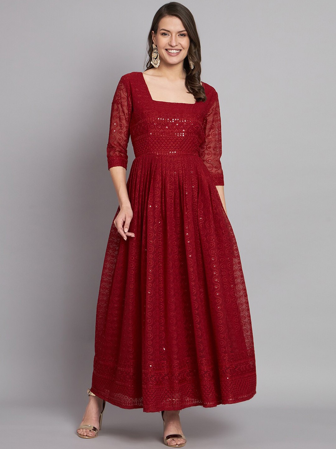 

KALINI Embroidered Square Neck Fit And Flare Maxi Ethnic Dress, Red