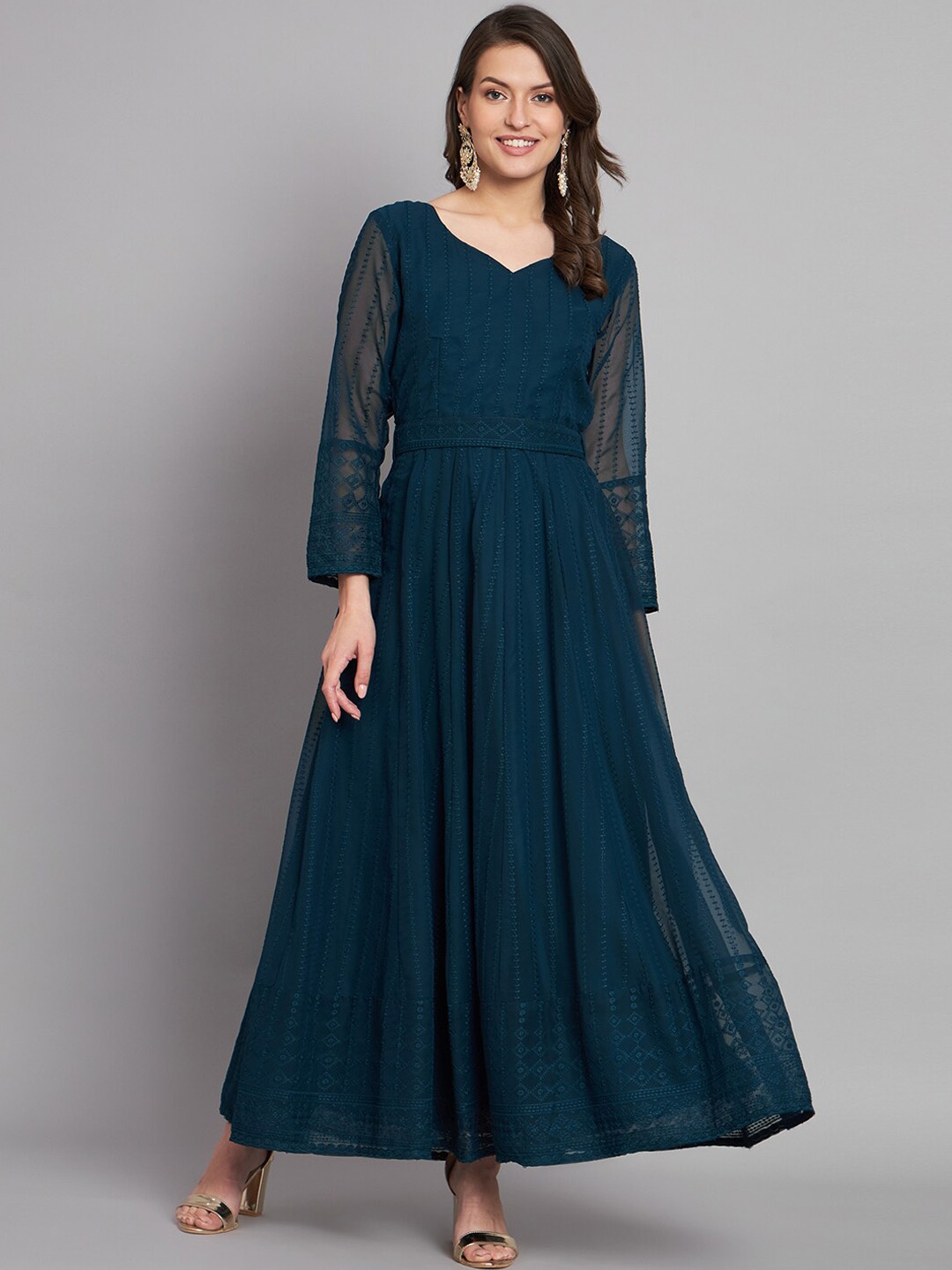 

KALINI Embroidered Fit And Flare Maxi Ethnic Dress, Teal