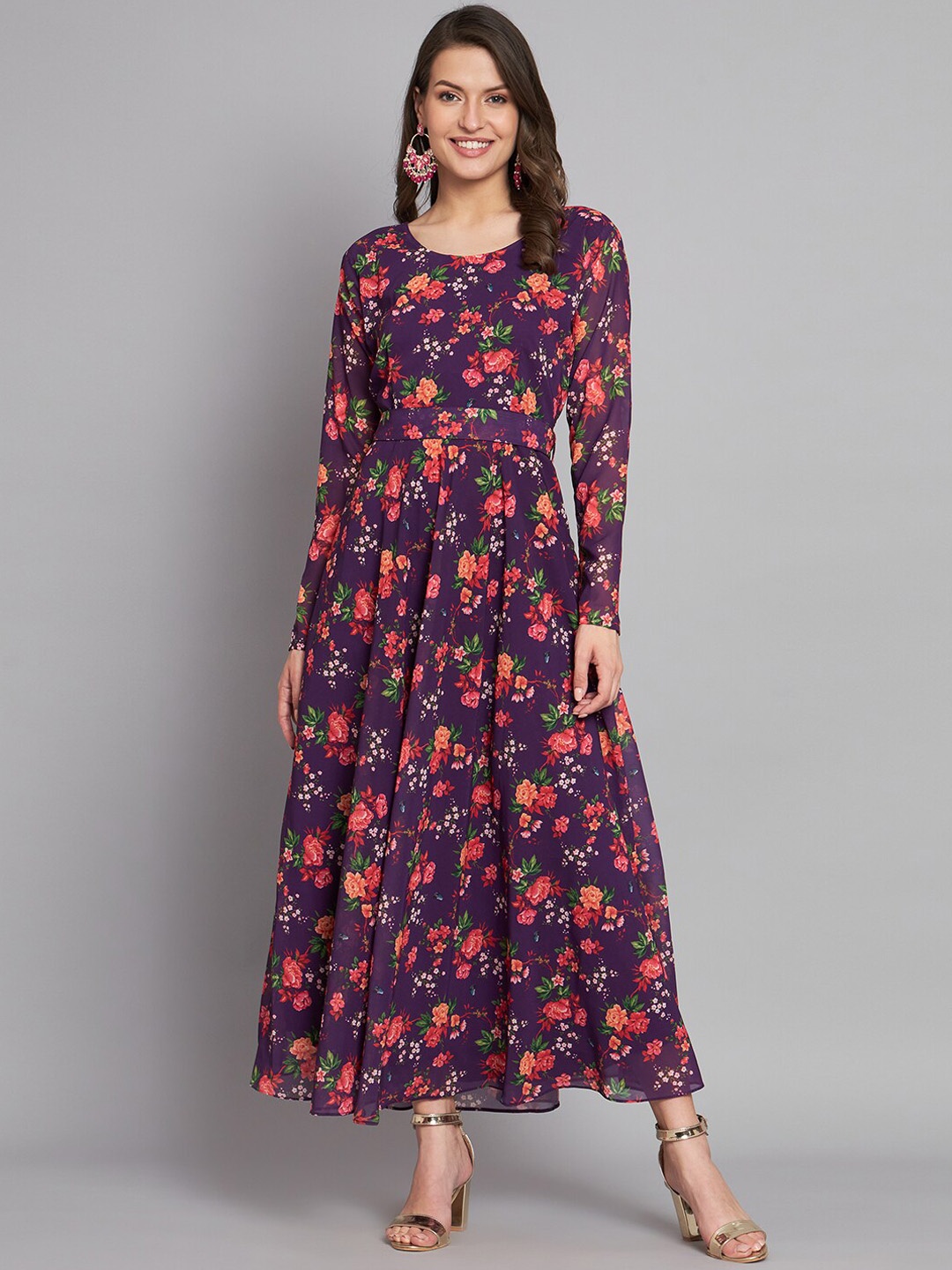 

KALINI Floral Printed Flared Ethnic Dress With Belt, Purple