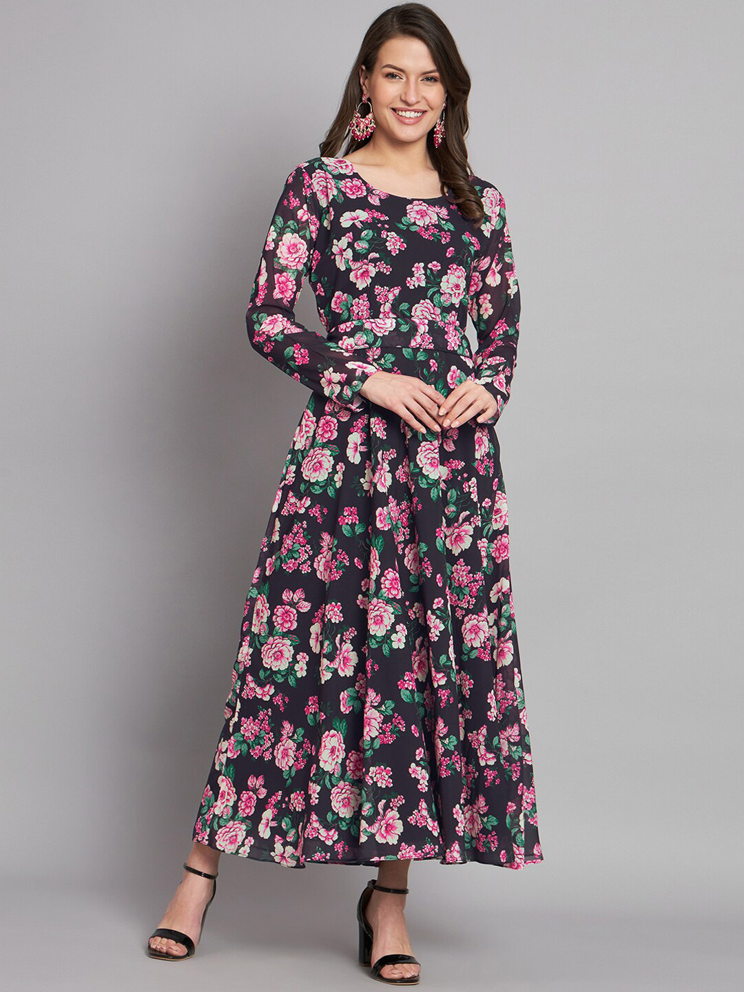

KALINI Floral Printed Flared Ethnic Dress With Belt, Black