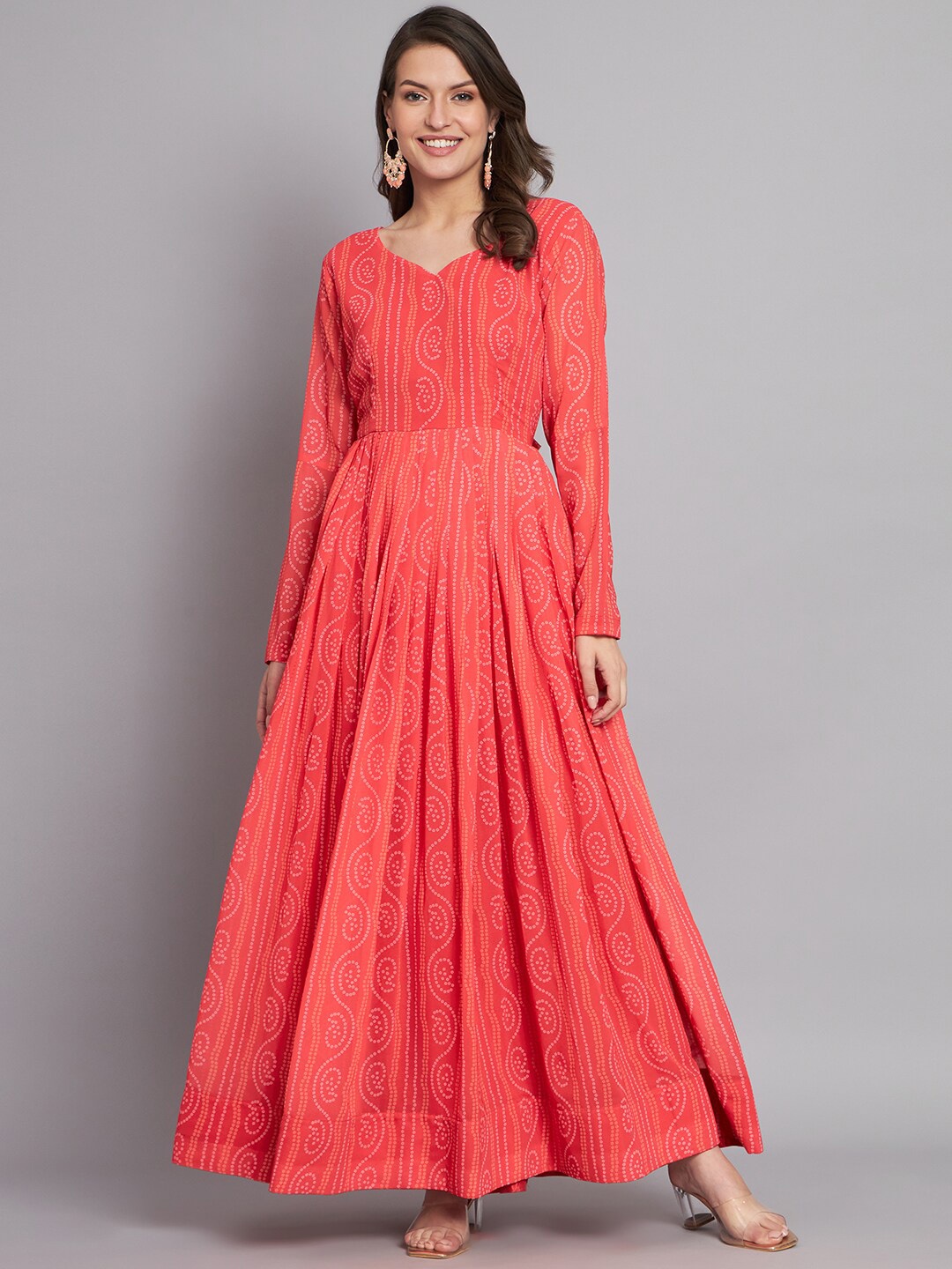 

KALINI Geometric Printed Sweetheart Neck Flared Ethnic Dress, Red