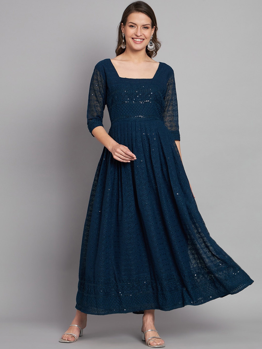

KALINI Fit & Flared Georgette Sequin Embroidered Maxi Gown, Teal
