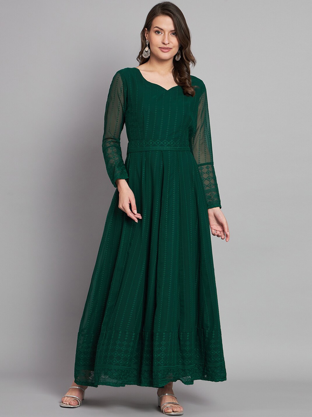 

KALINI Embroidered Flared Ethnic Dress With Belt, Green