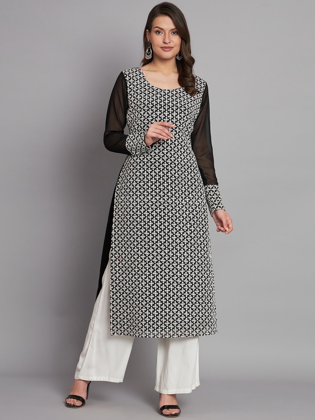 

KALINI Embroidered Long Sleeve Chikankari Straight Kurta, Black