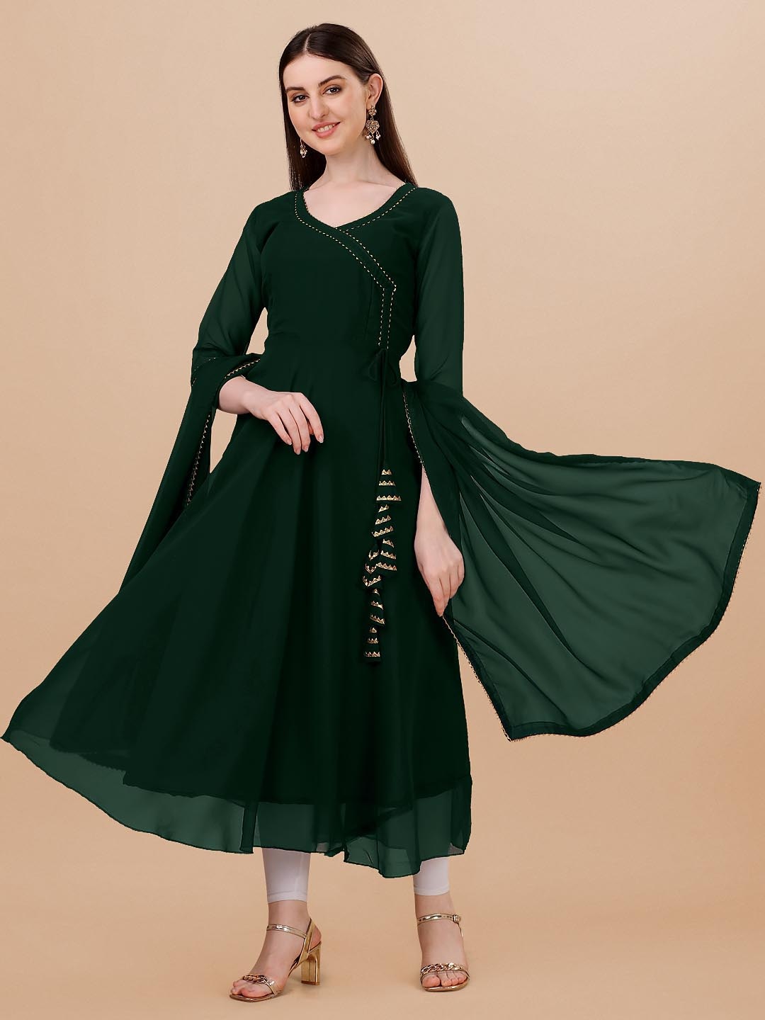 

FabFairy V-neck Georgette Anarkali Kurta, Green