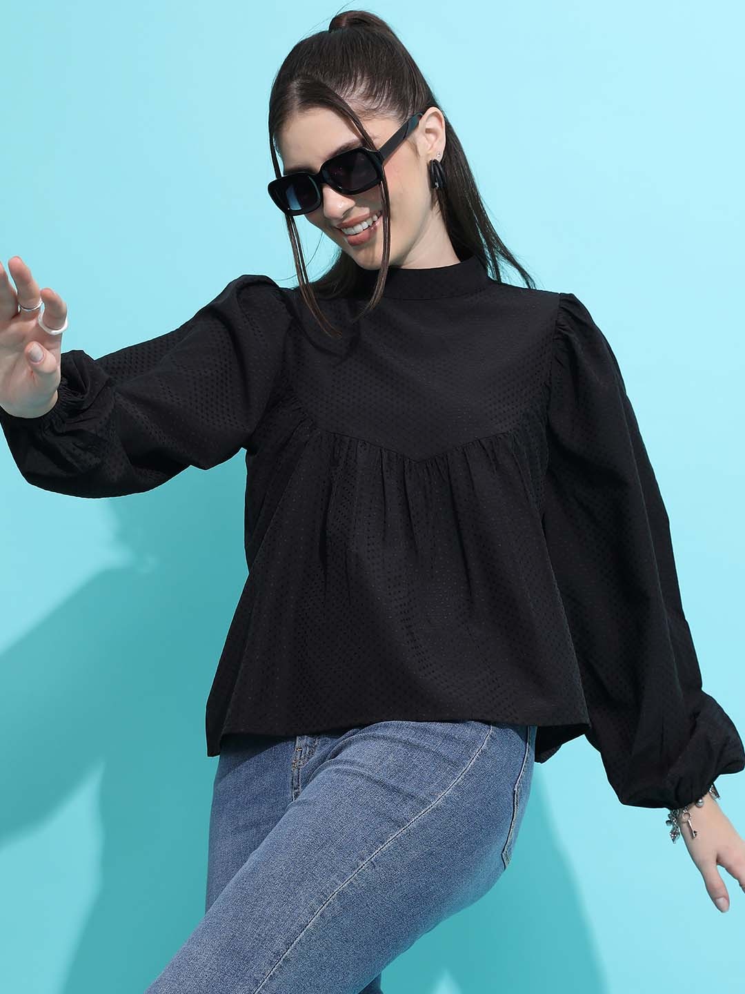 

Tokyo Talkies Self Design High Neck Puff Sleeves A-Line Top, Black