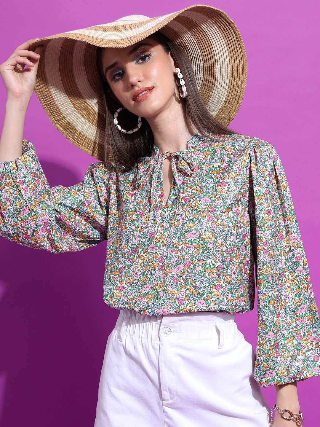 

Tokyo Talkies Floral Printed Tie-Up Neck Puff Sleeves Top, Yellow