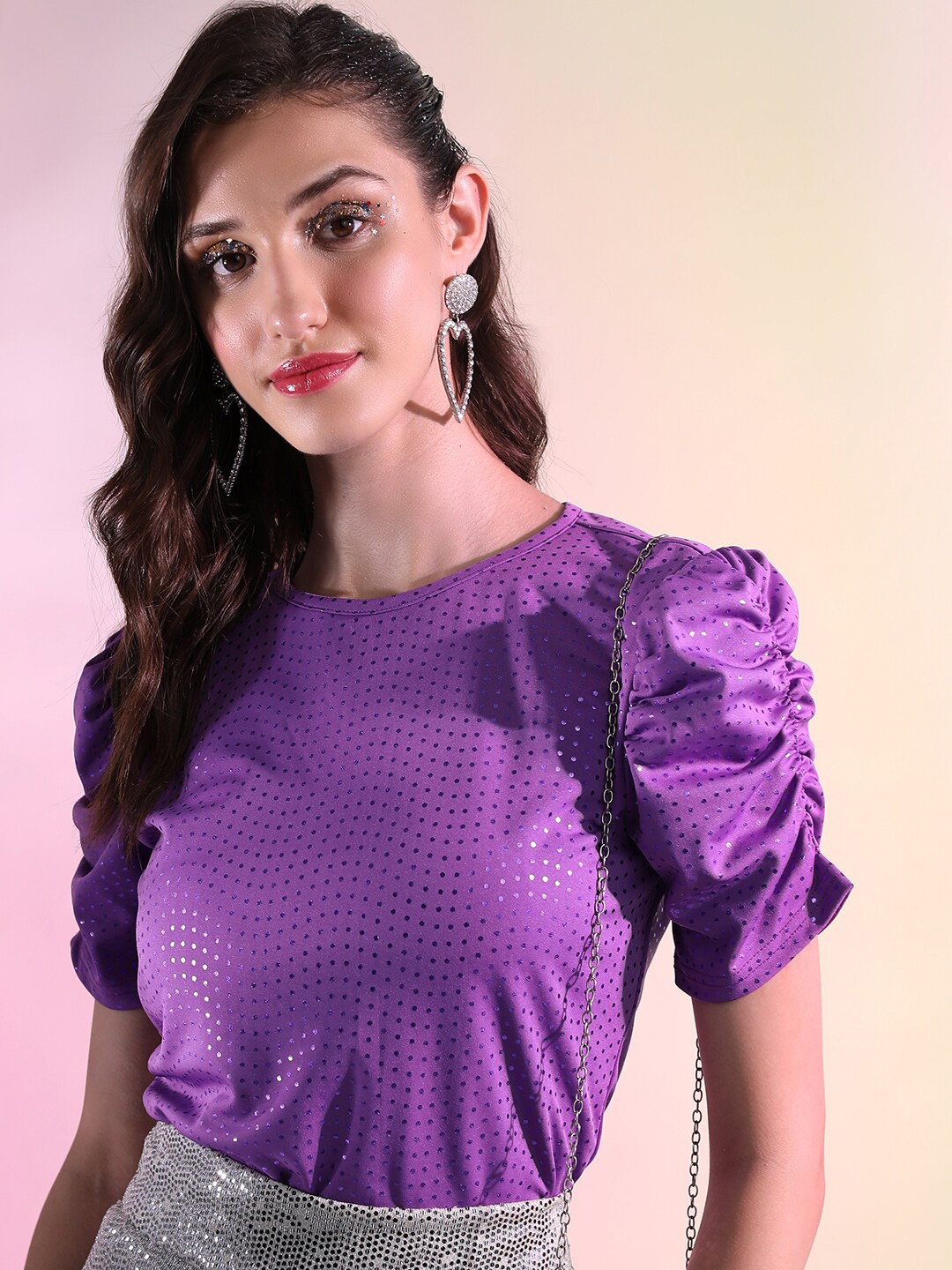 

Tokyo Talkies Purple Embellished Ruched Puff Sleeves Top