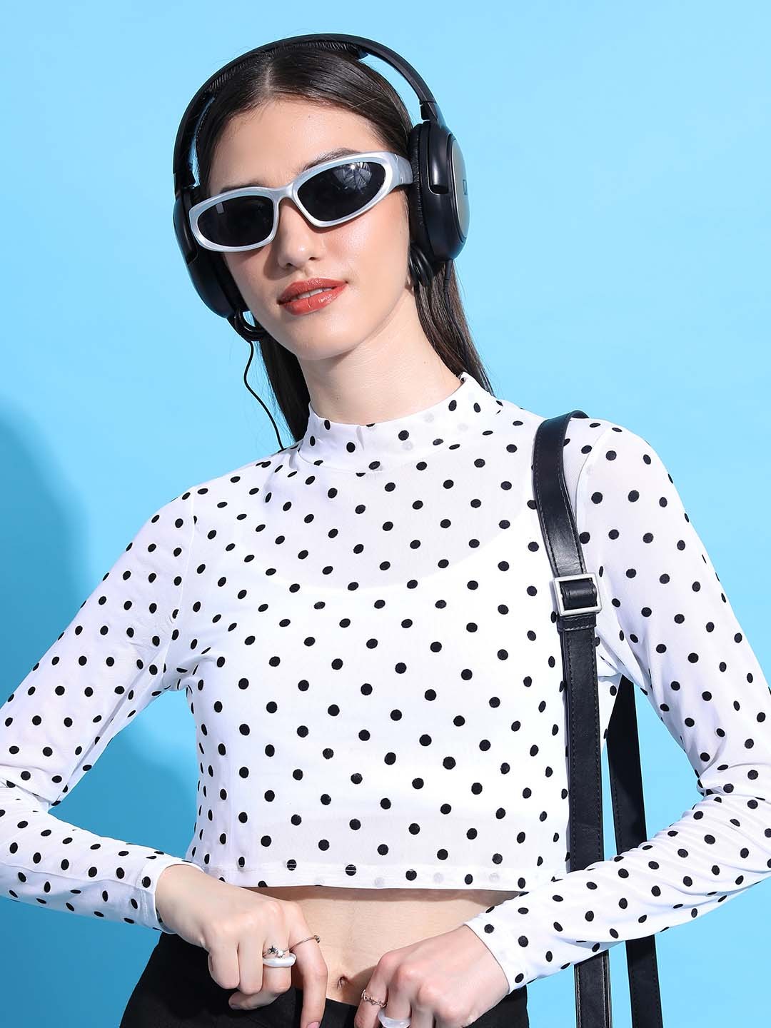 

Tokyo Talkies Polka Dot Printed High Neck Lace Crop Top, White