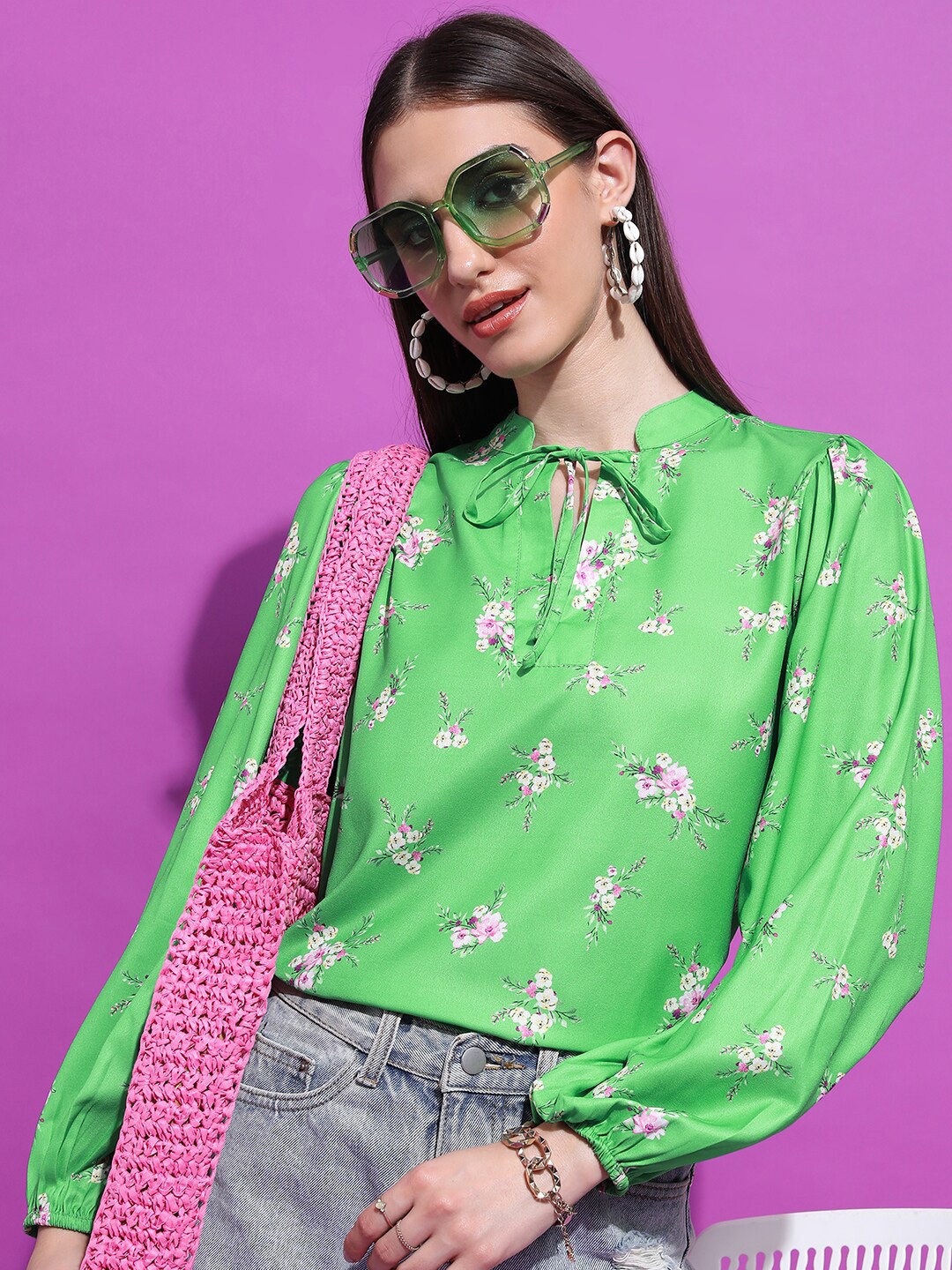 

Tokyo Talkies Green Floral Printed Tie-Up Neck Top