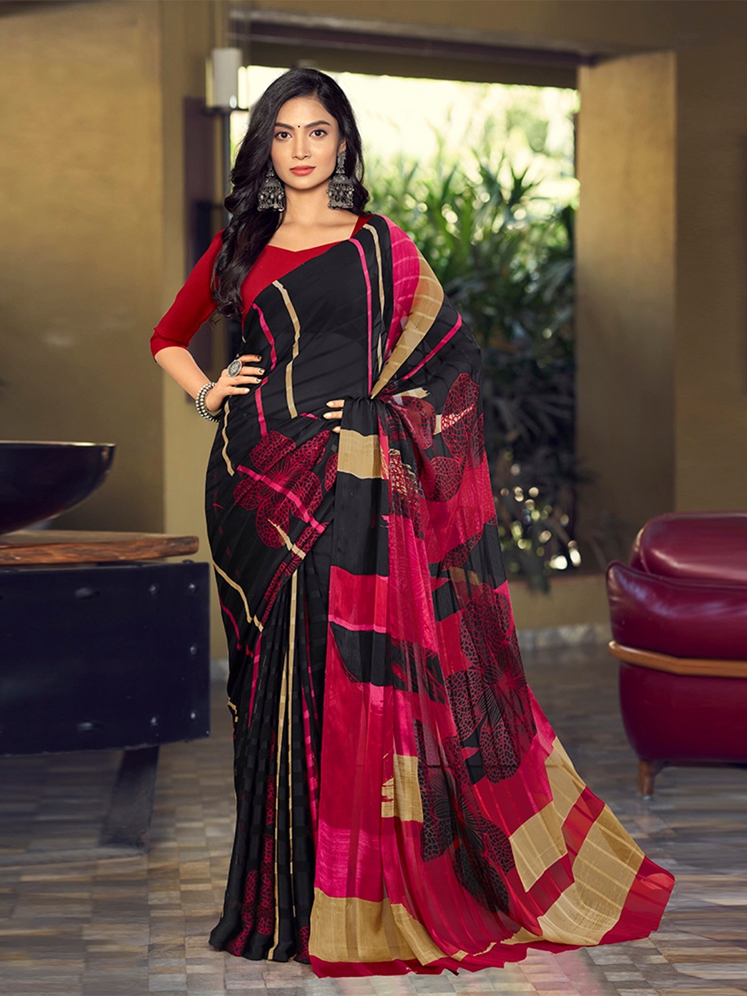 

Mitera Black Abstract Printed Satin Saree