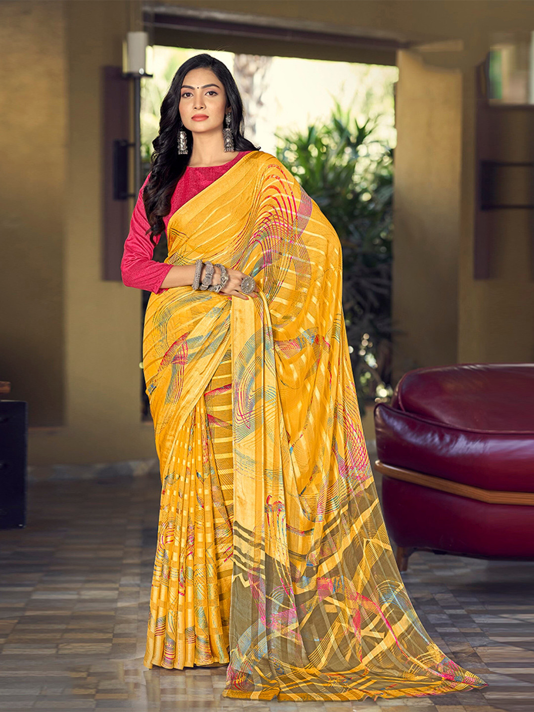 

Mitera Striped Satin Saree, Yellow