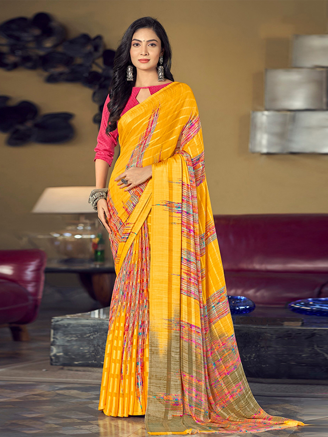 

Mitera Yellow Abstract Printed Satin Saree