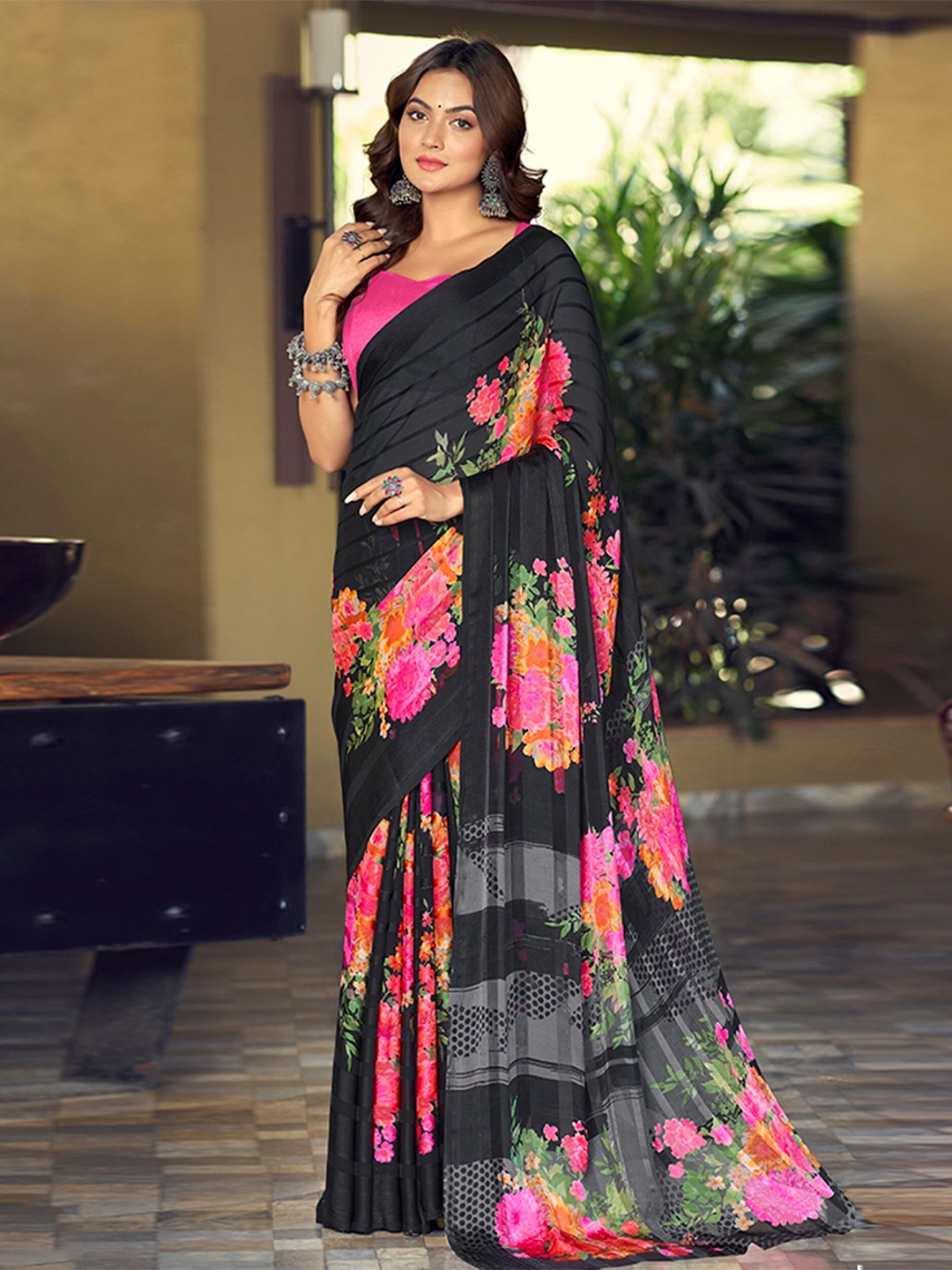 

Mitera Floral Satin Saree, Black