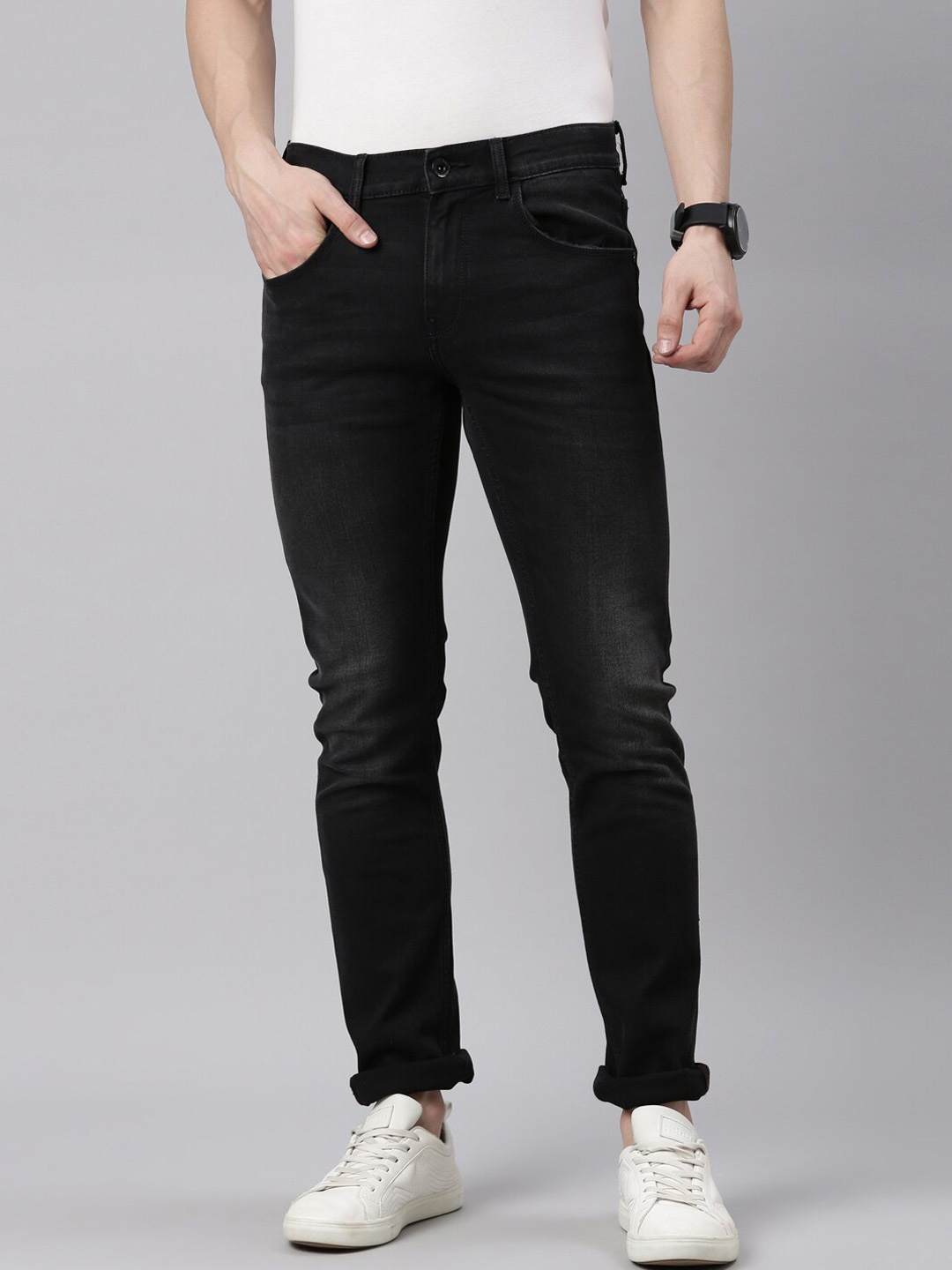 

American Bull Men Skinny Fit Light Fade Stretchable Jeans, Black