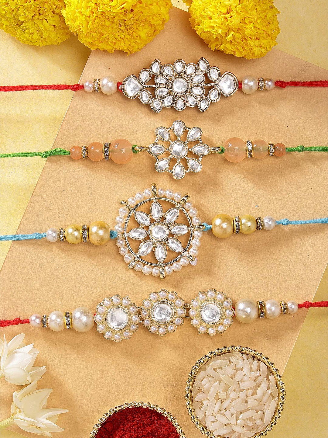 

KARATCART Set of 4 Gold-Plated Kundan-Studded Rakhi With Roli Chawal