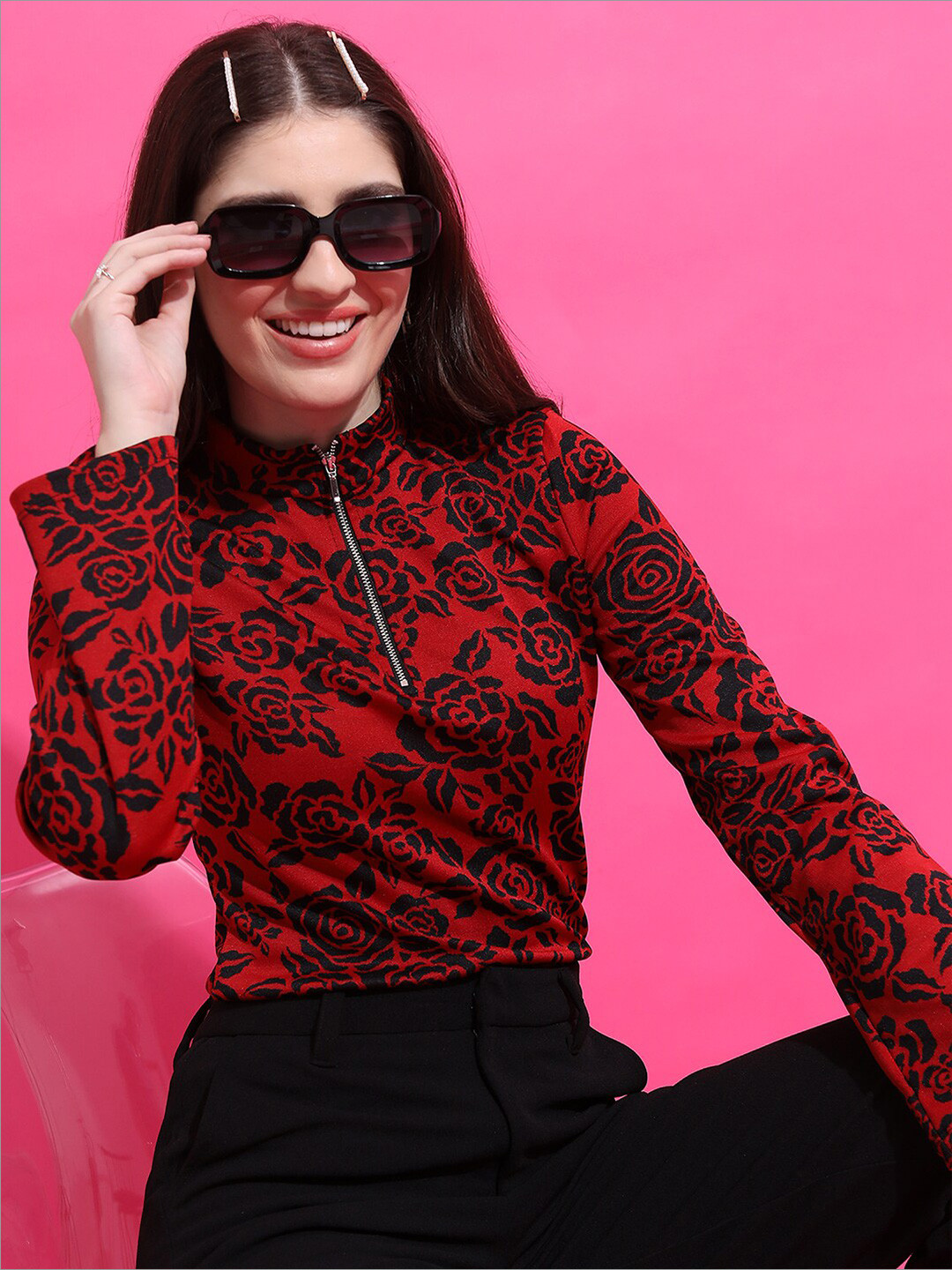 

Tokyo Talkies Red & Black Floral Printed High Neck Jacquard Top
