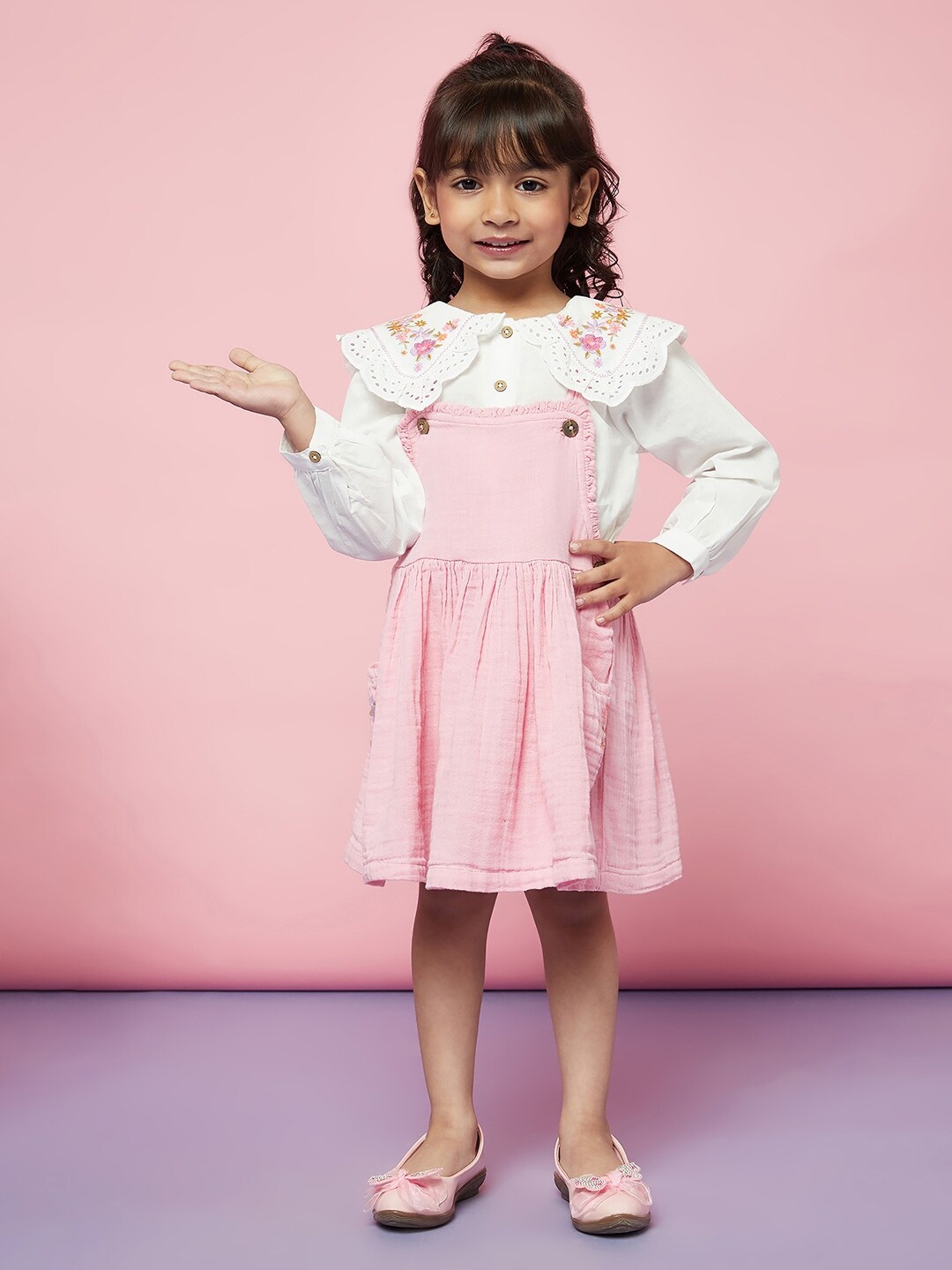 

SPUNKIES Girls Shoulder Straps Cotton Pinafore With Embroidered Top, Pink